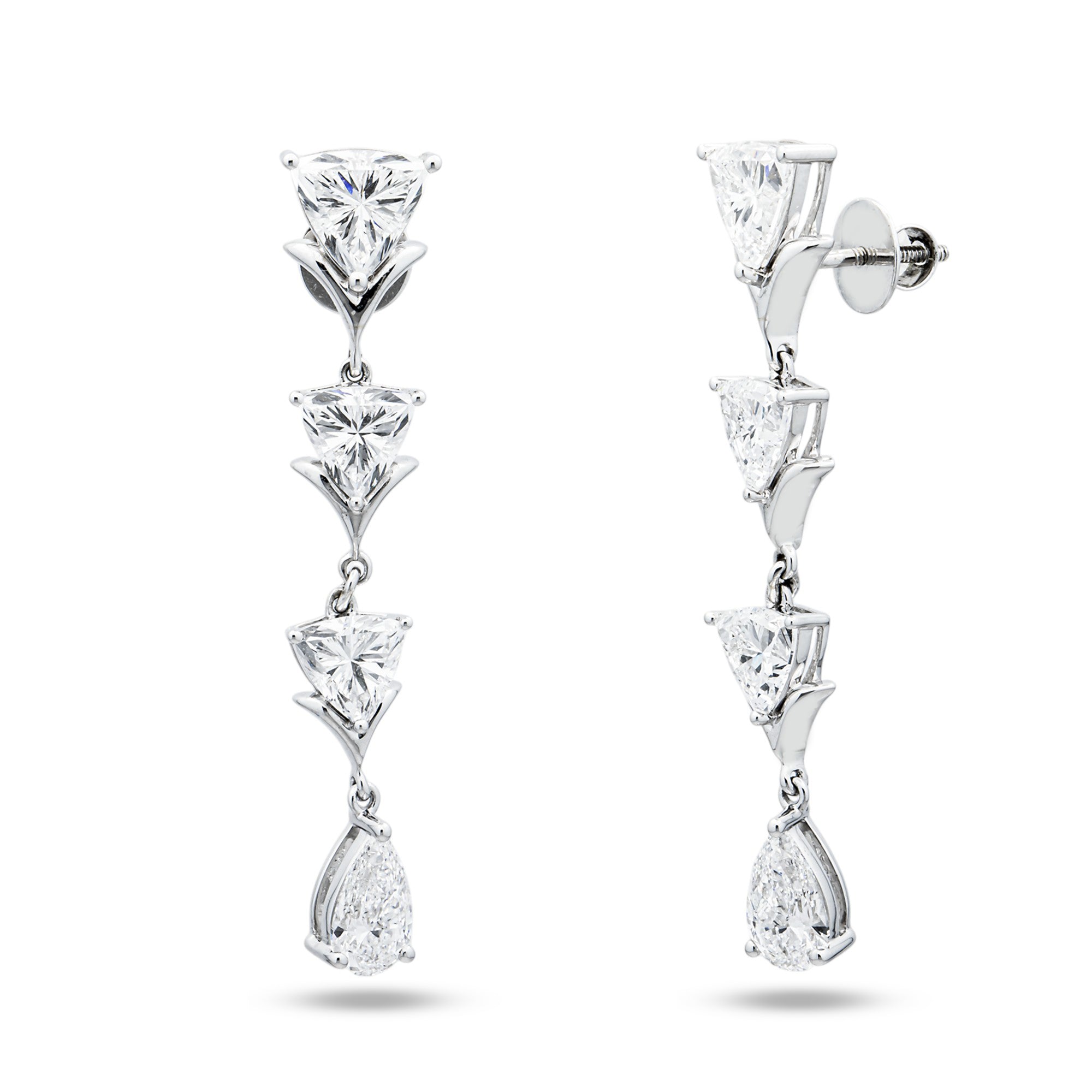 14K White Gold Trillion & Pear Diamond Drop Earrings 8.86ctw