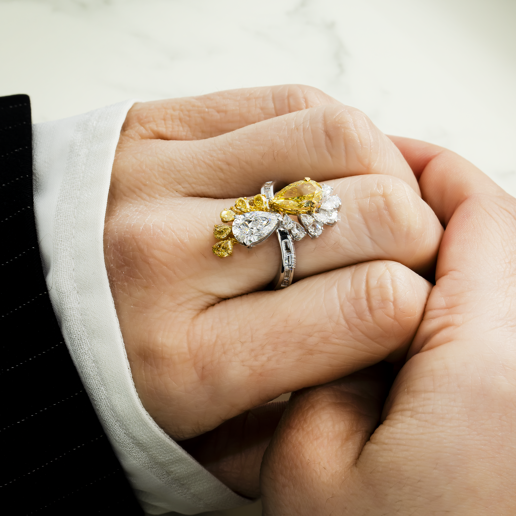 14K White Gold Pear Cut White & Fancy Yellow Diamond Ring 4.86ct