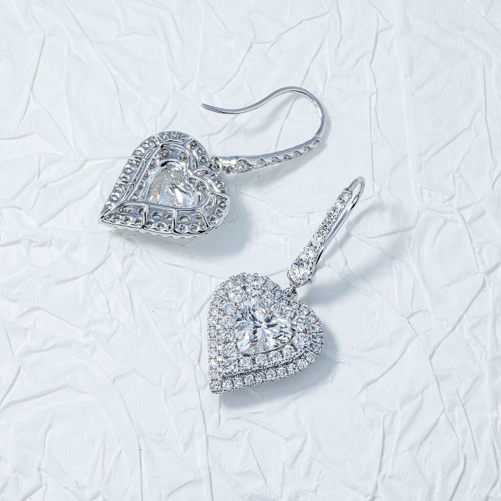 IGI 18K White Gold Round & Heart Cut Diamond Drop Earrings W/ Halo 5.06ctw