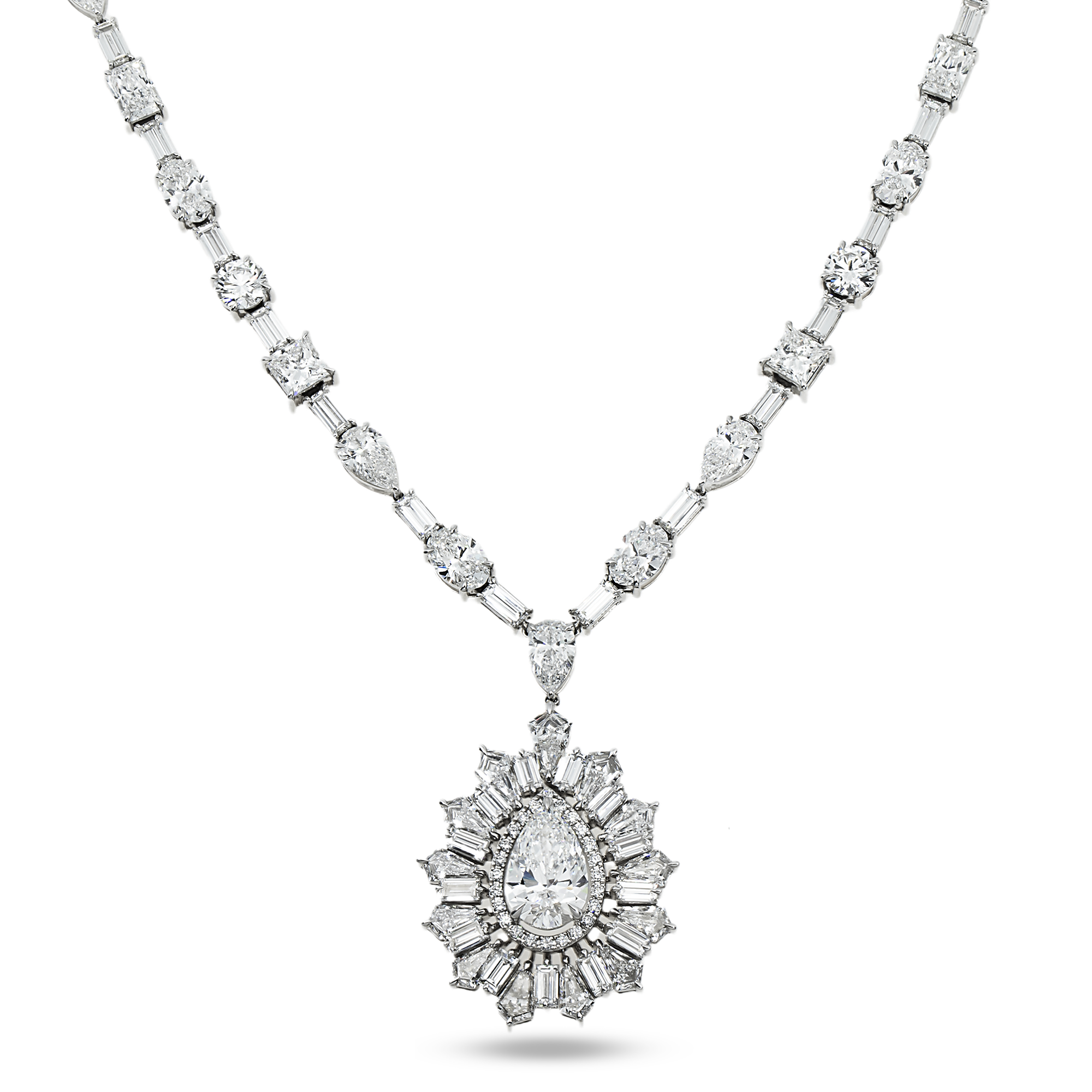 14K White Gold Multi Cut Diamond Goddess Drop Necklace 47.55ct (matching set)
