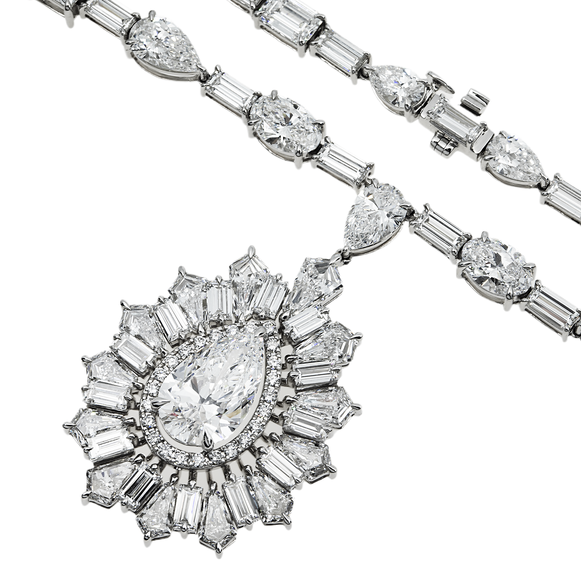 14K White Gold Multi Cut Diamond Goddess Drop Necklace 47.55ct (matching set)