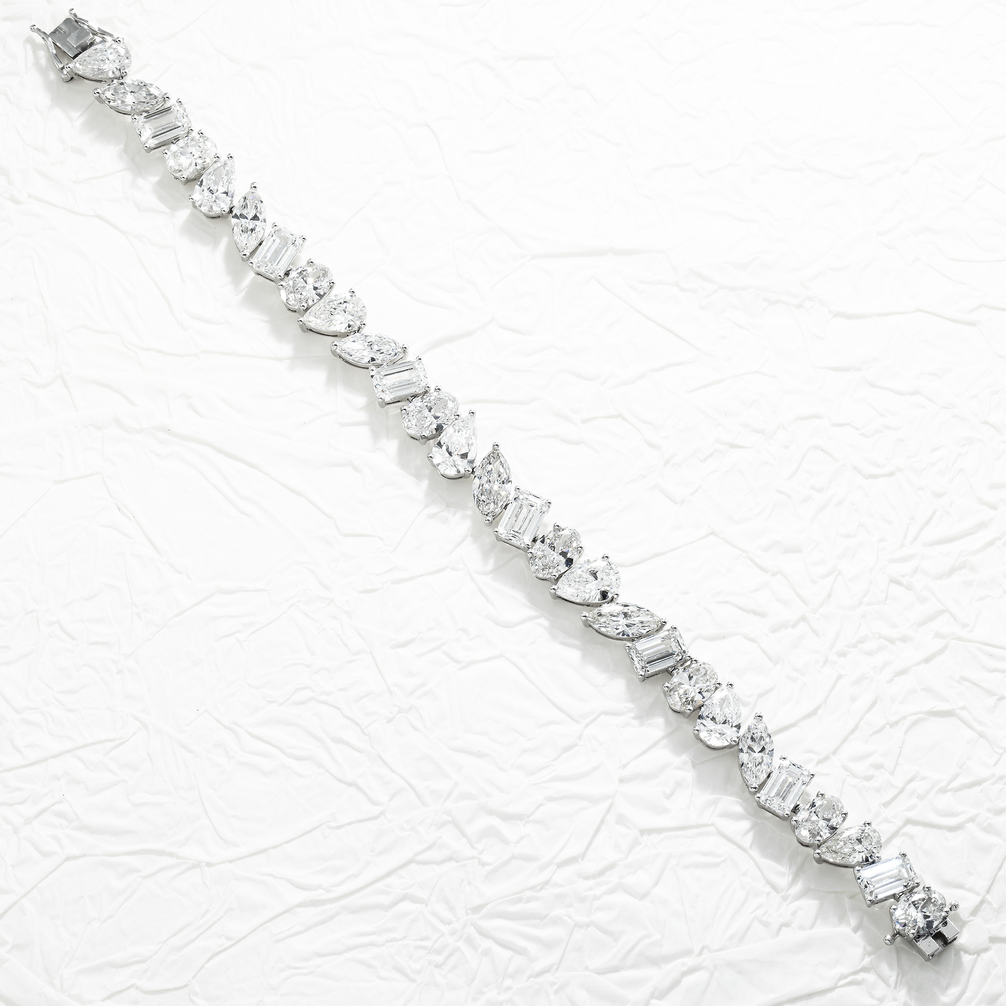 14K White Gold Emerald/ Marquise/ Pear & Oval Multi Cut Diamond Bracelet 31.51ct