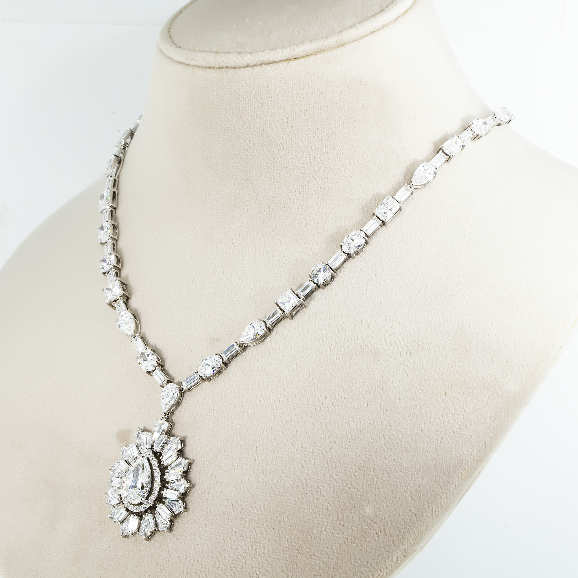 14K White Gold Multi Cut Diamond Goddess Drop Necklace 47.55ct (matching set)
