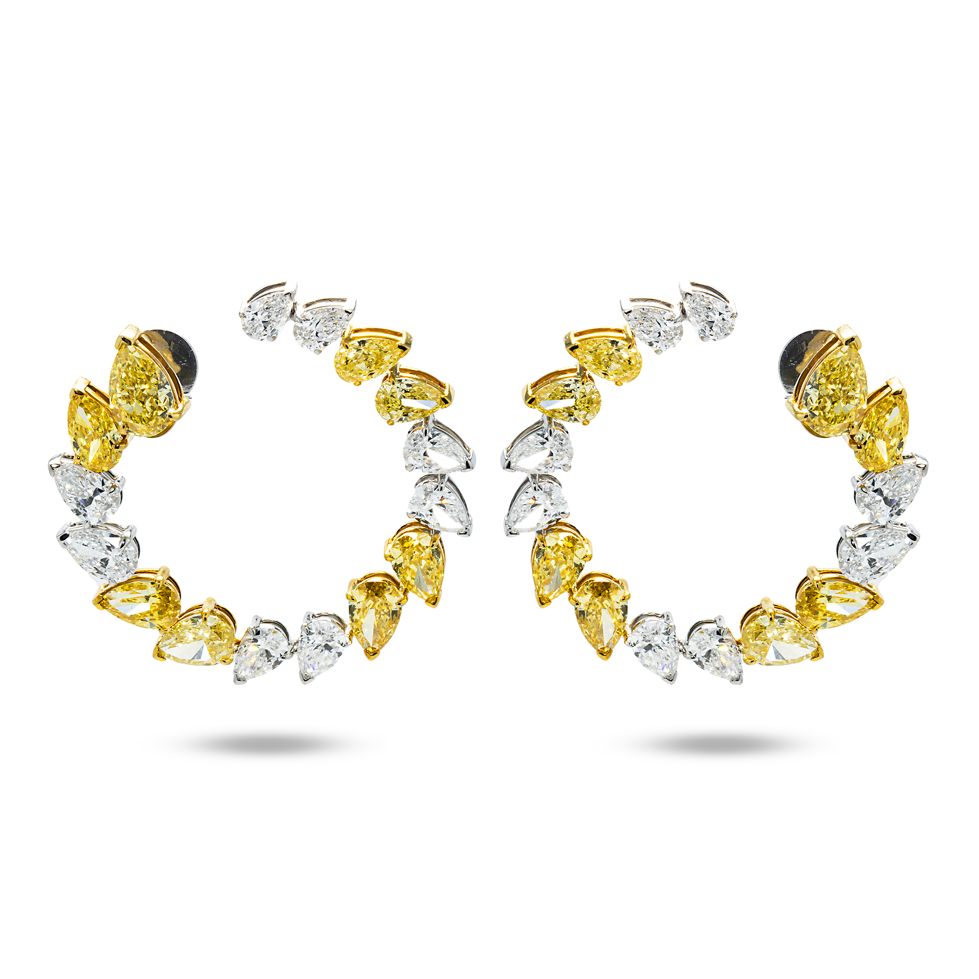 IGI 14K Two Tone Pear Cut White & Fancy Yellow Diamond Open Hoop Earrings 14.66ctw