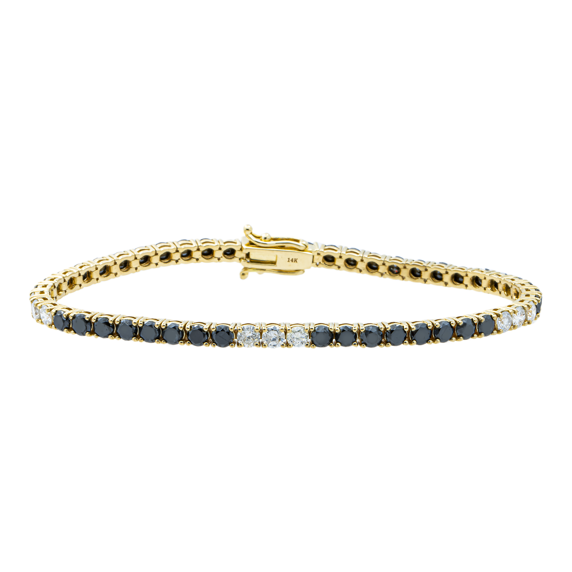 14K Yellow Gold White & Black Round Diamond Tennis Bracelet 7.37ct