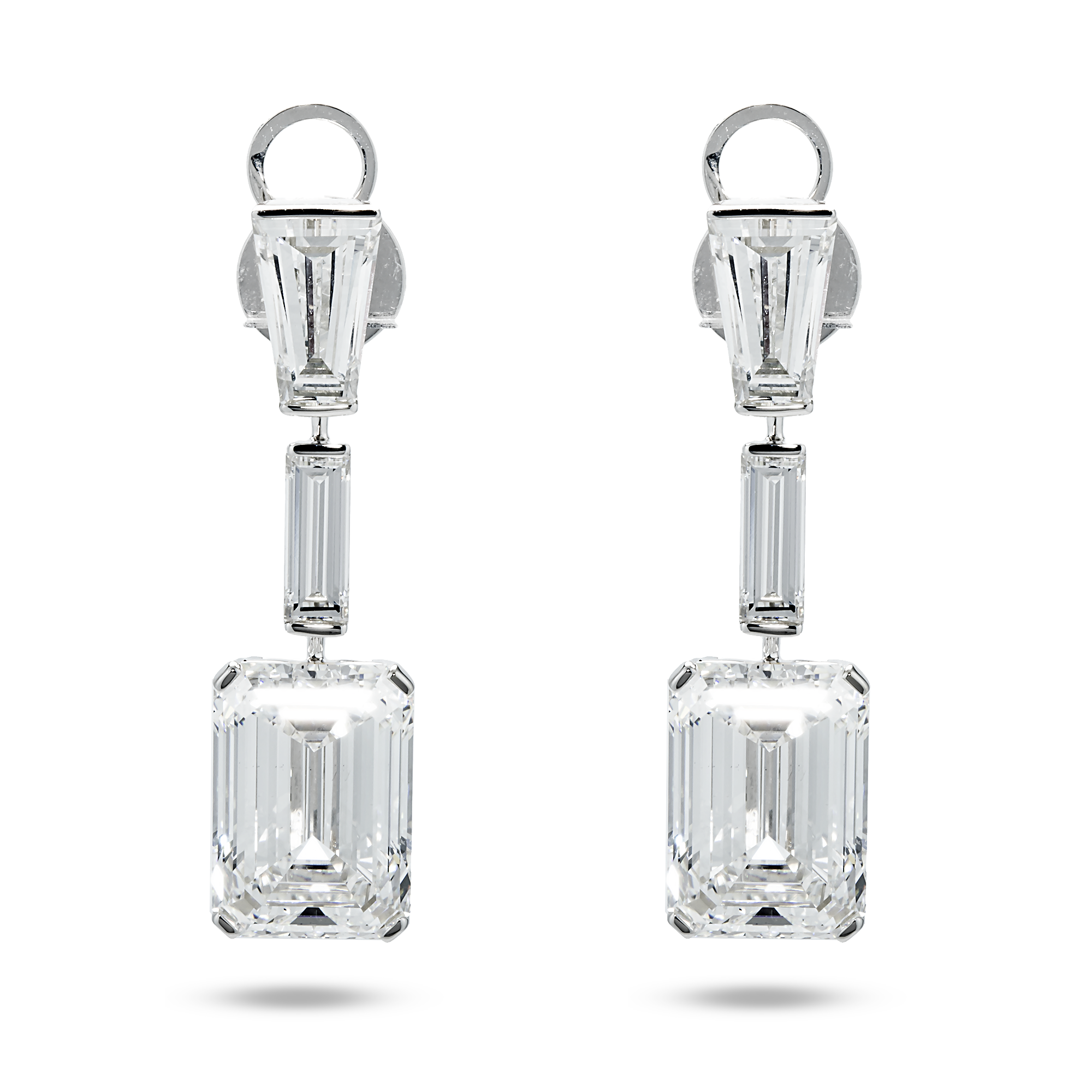 IGI 18K White Gold Triple Tier Emerald Cut Diamond Drop Earrings 19.36ctw