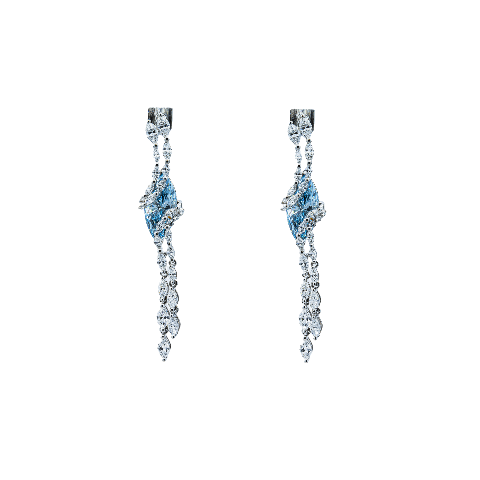 14K White Gold Marquise Cut Fancy Blue Diamond Drop Earrings 6.80ctw