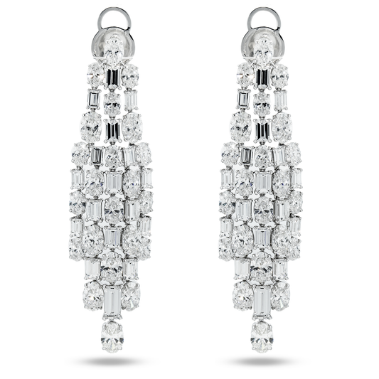 IGI 18K White Gold Oval & Emerald Cut Diamond Chandelier Drop Earrings 29.71ctw