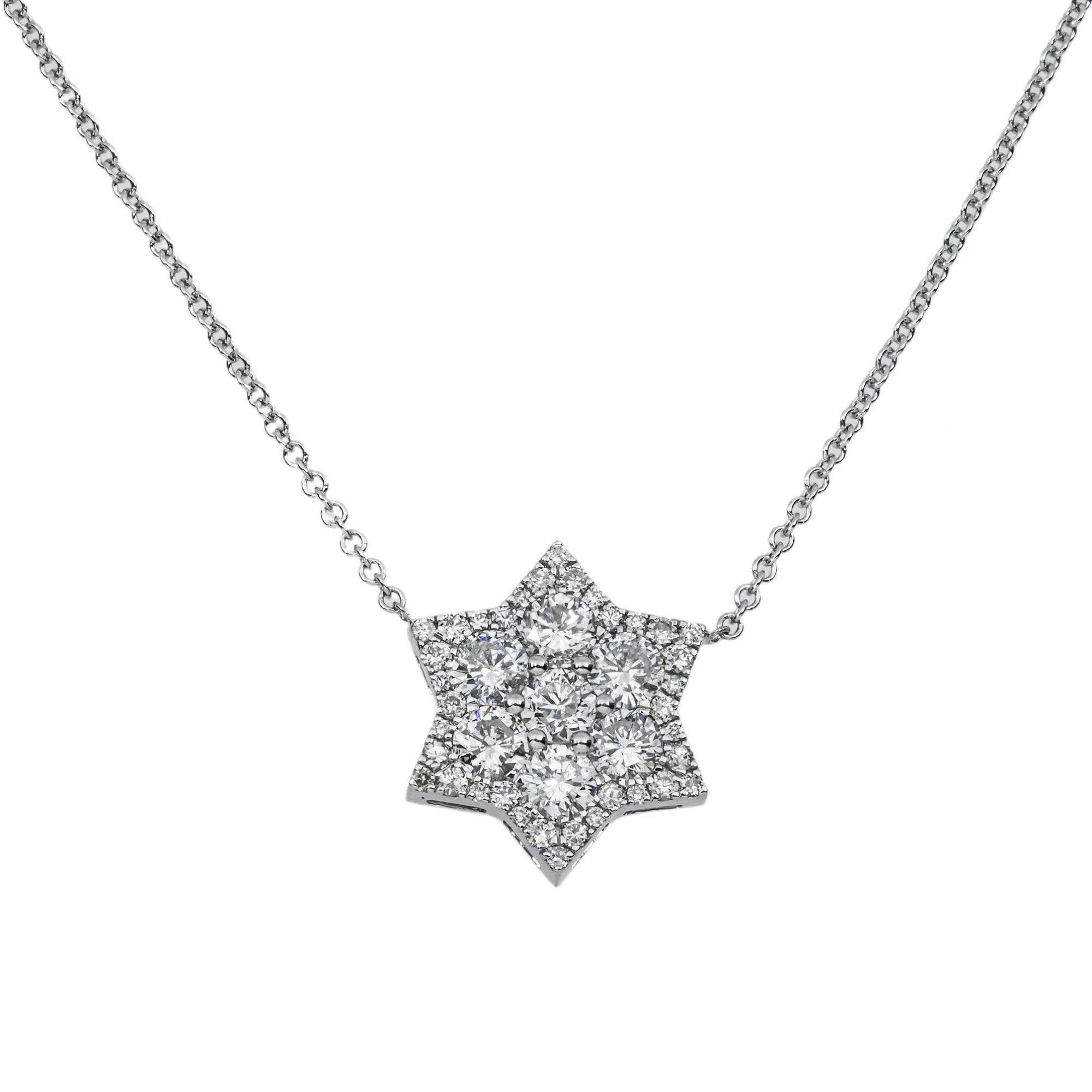 14K White Gold Round Diamond Star of David Pendant & Chain Necklace 1.51ct