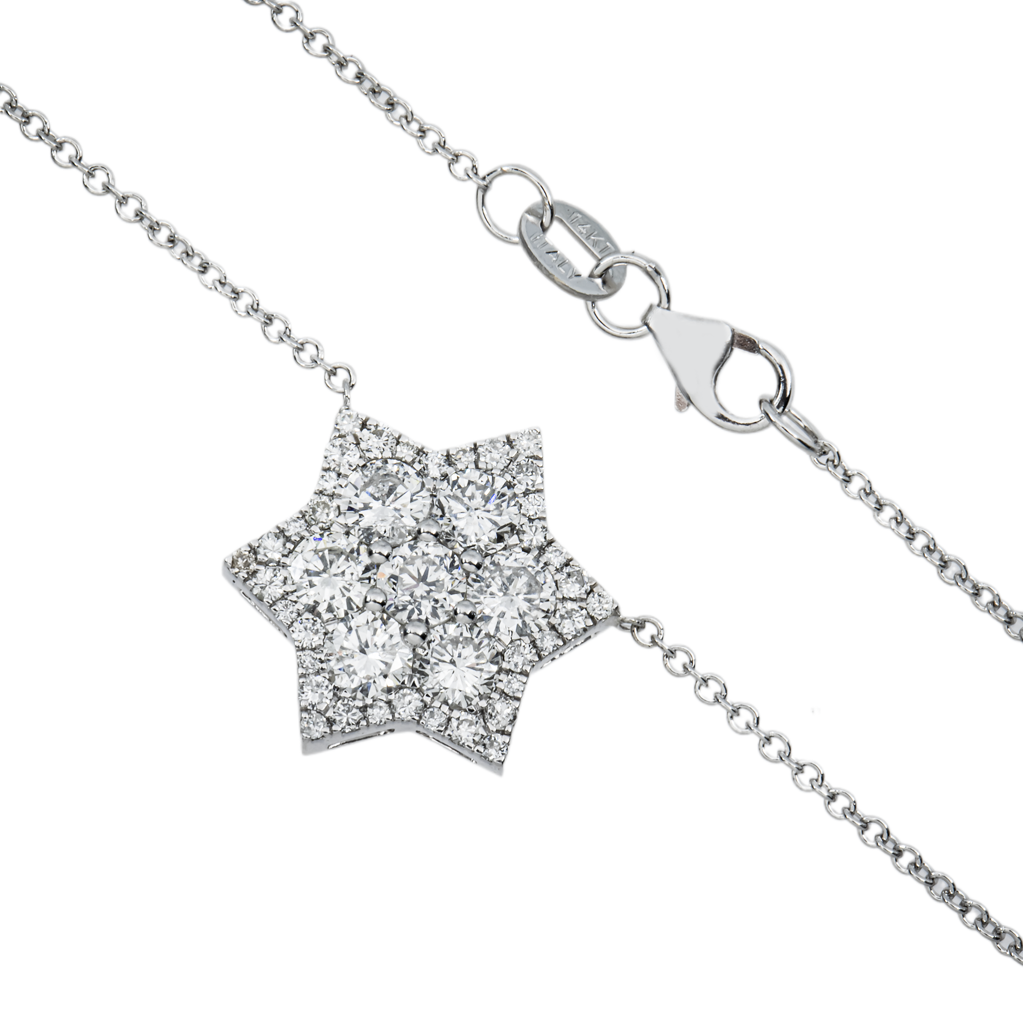 14K White Gold Round Diamond Star of David Pendant & Chain Necklace 1.51ct