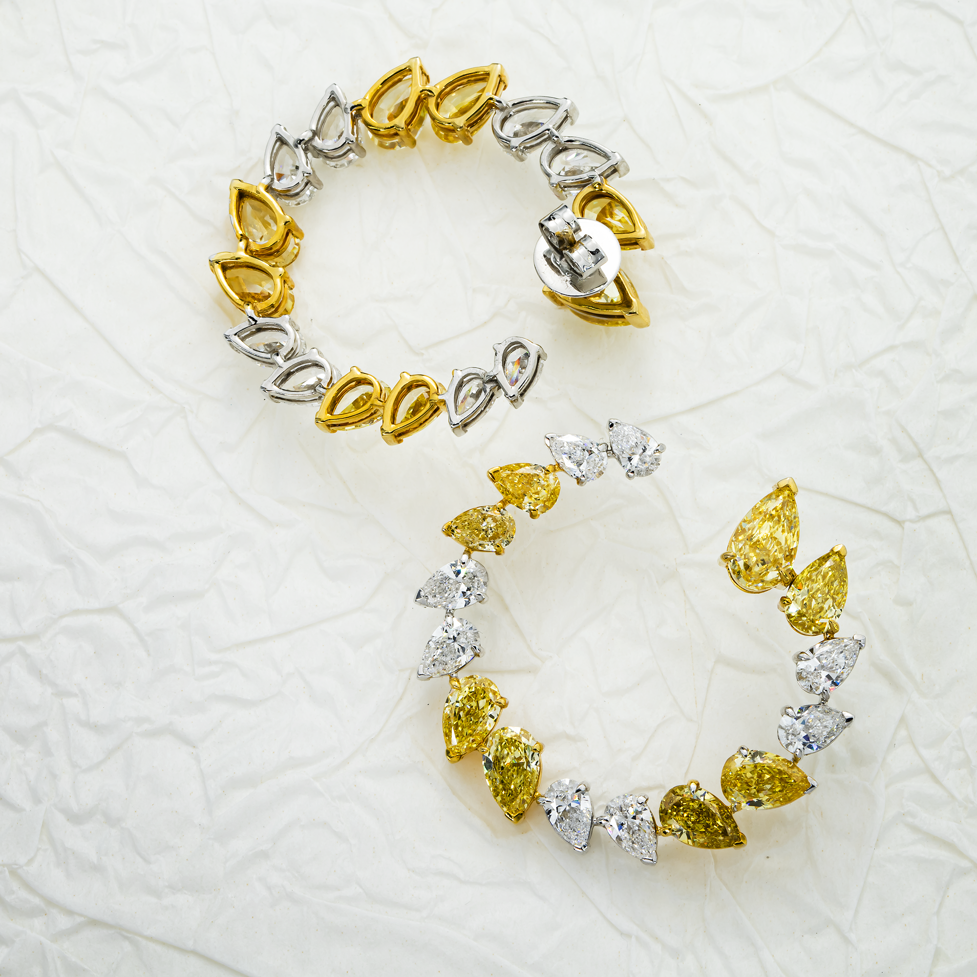 IGI 14K Two Tone Pear Cut White & Fancy Yellow Diamond Open Hoop Earrings 14.66ctw