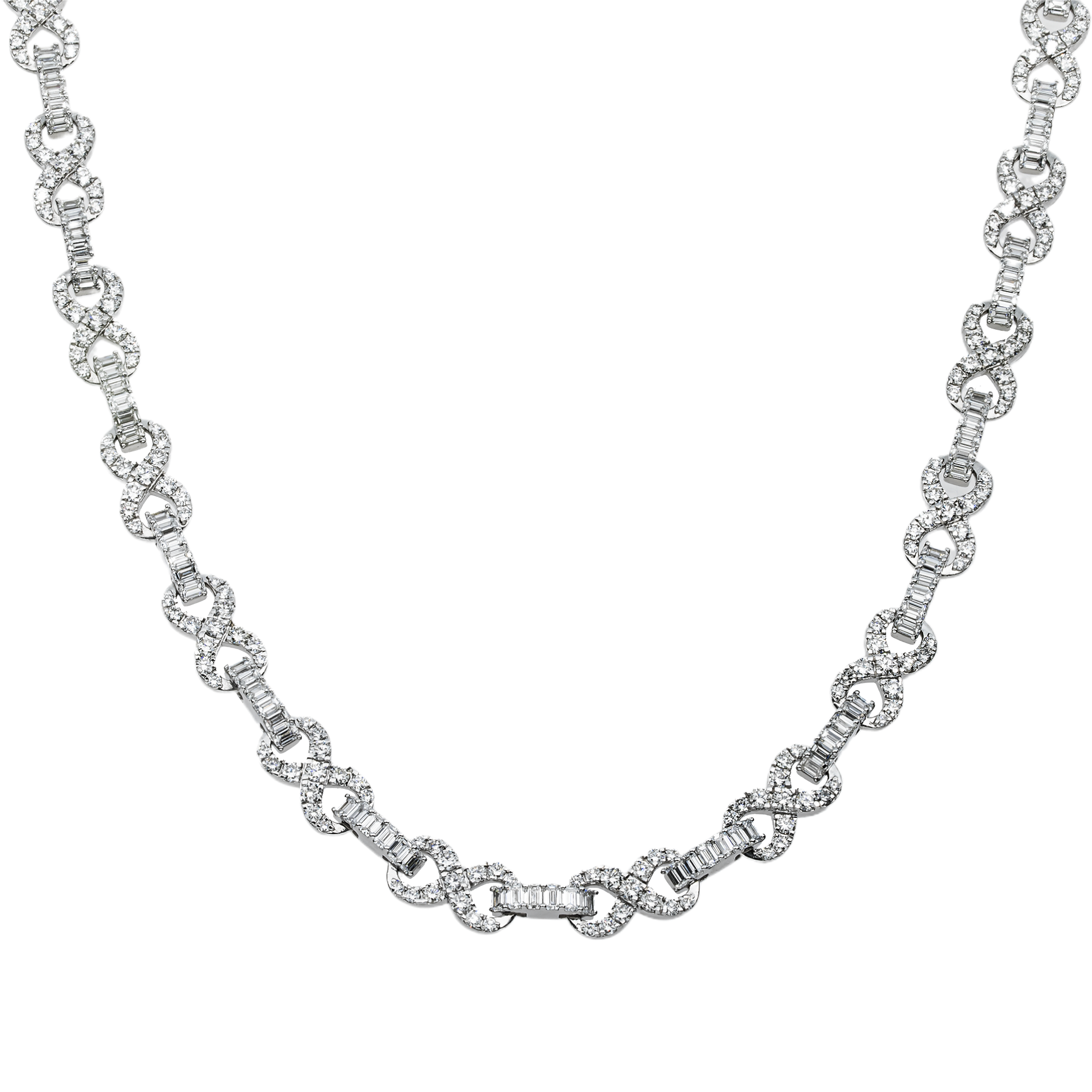 14K White Gold Round & Emerald Cut Diamond Infinity Link Necklace 29.30ct