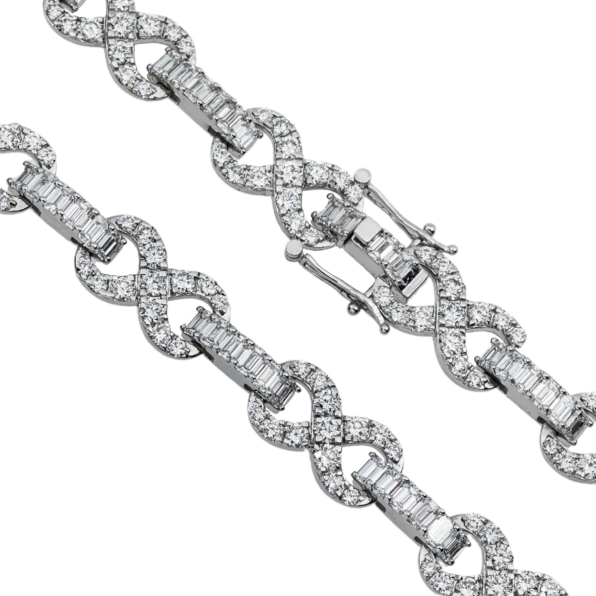14K White Gold Round & Emerald Cut Diamond Infinity Link Necklace 29.30ct