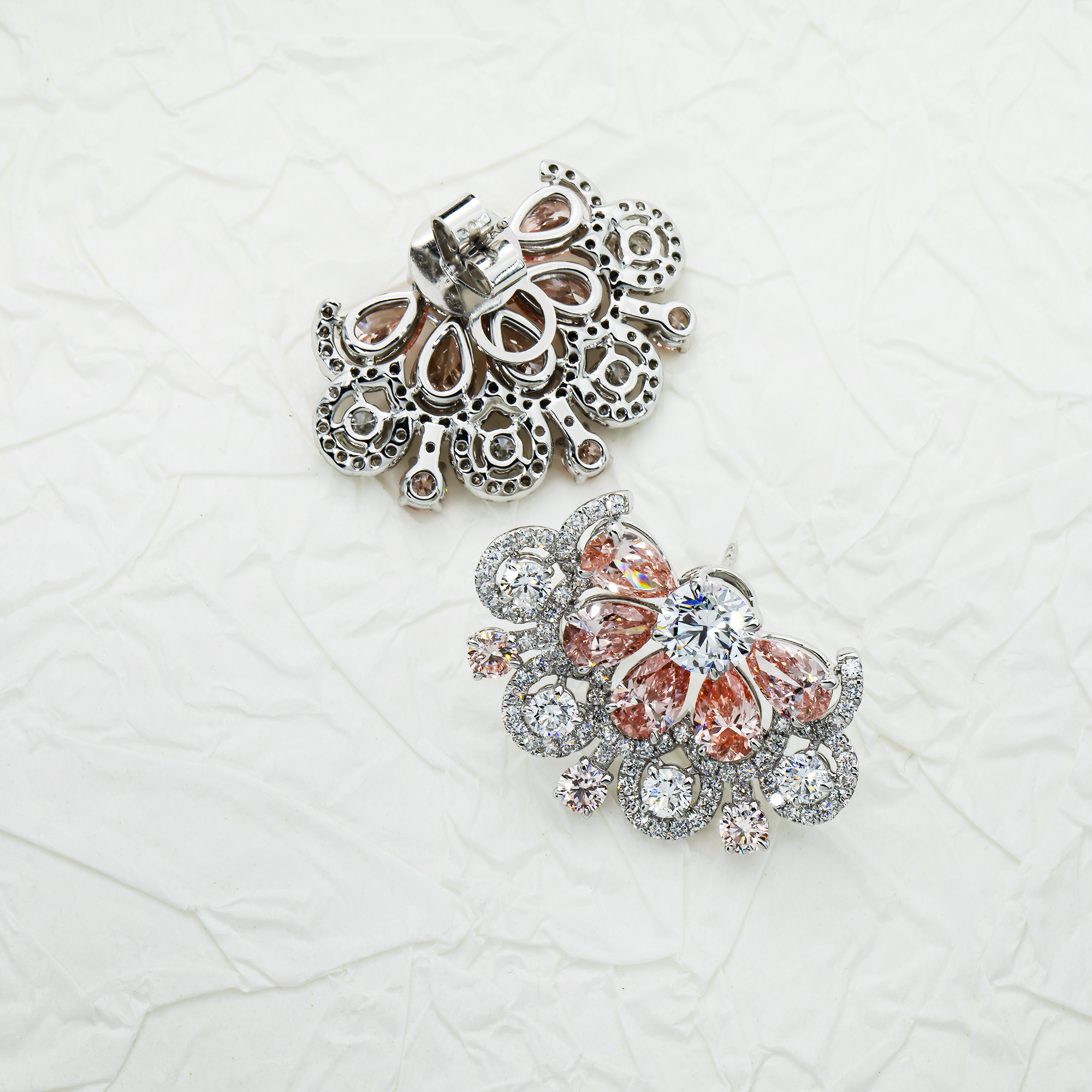 14K White Gold White & Fancy Pink Diamond Blooming Flower Earrings 11.05ctw