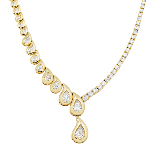 14K Yellow Gold Two Faced Graduated Pear Cut Diamond Drop Necklace 16.66ct