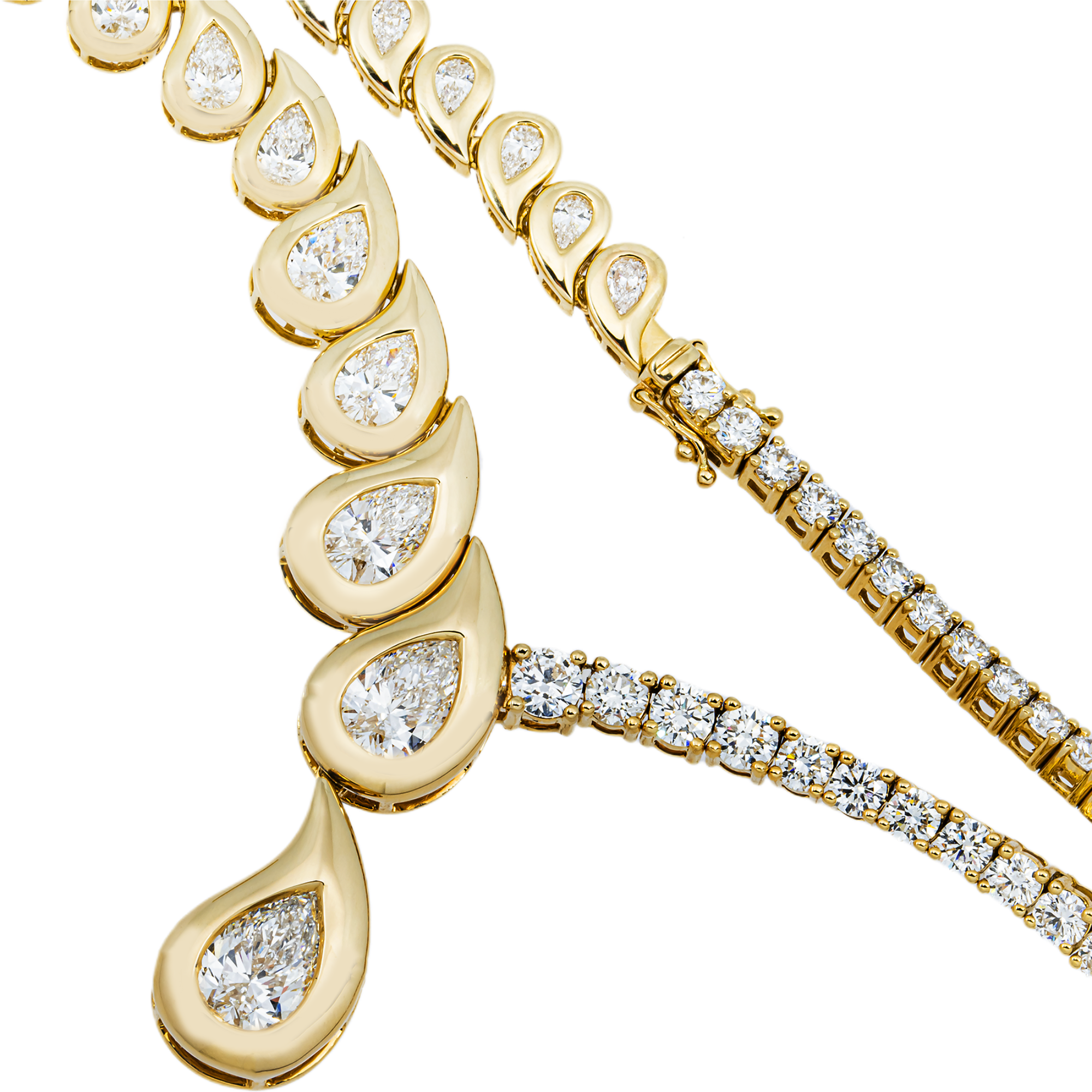 14K Yellow Gold Two Faced Graduated Pear Cut Diamond Drop Necklace 16.66ct