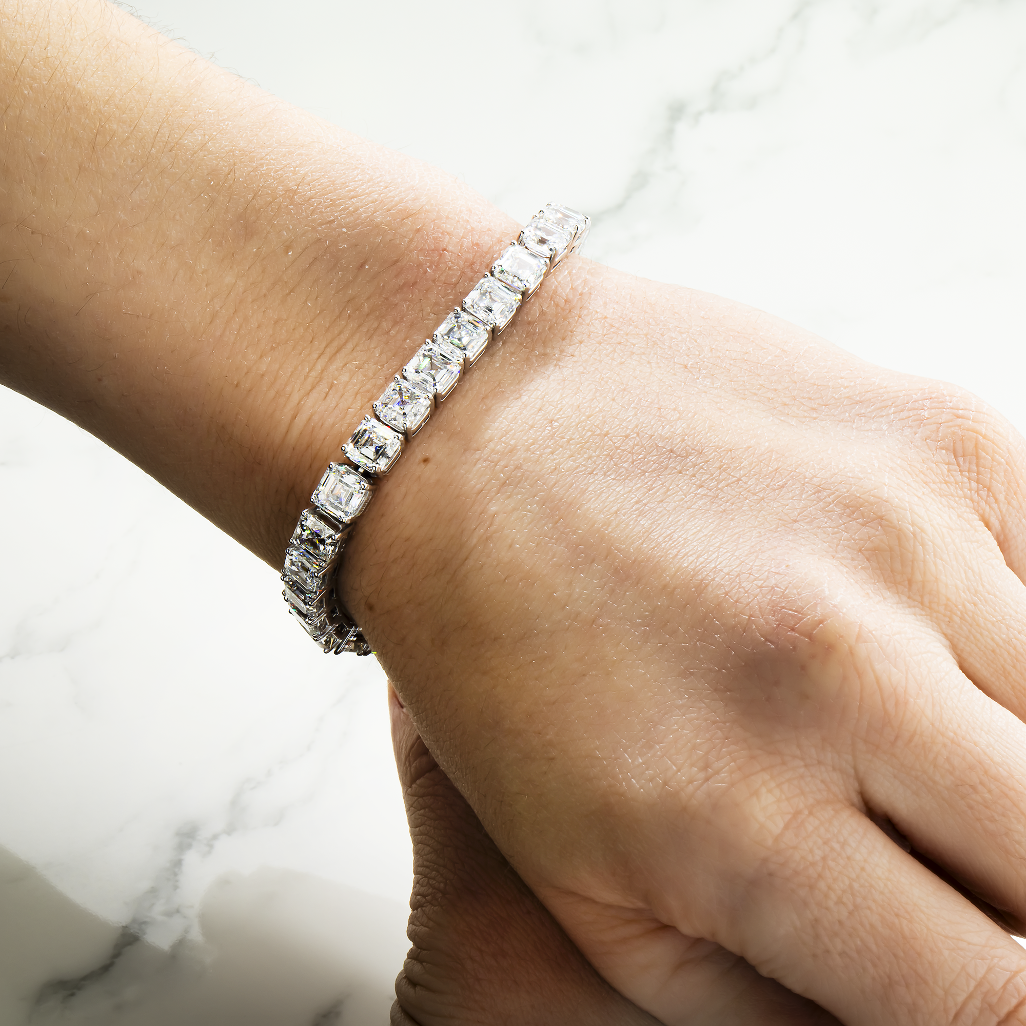 14K White Gold Asscher Cut Diamond Tennis Bracelet 32.90ct