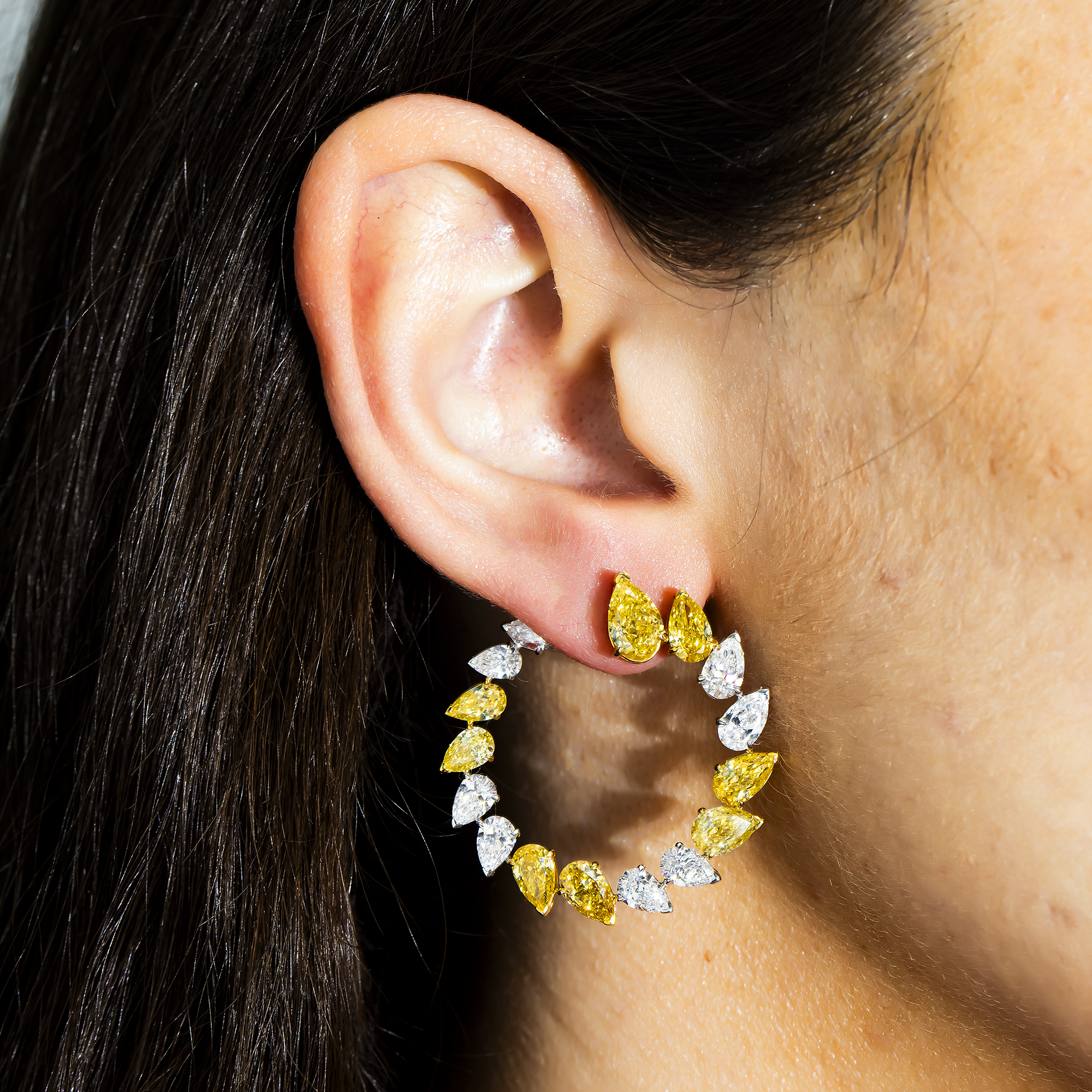 IGI 14K Two Tone Pear Cut White & Fancy Yellow Diamond Open Hoop Earrings 14.66ctw