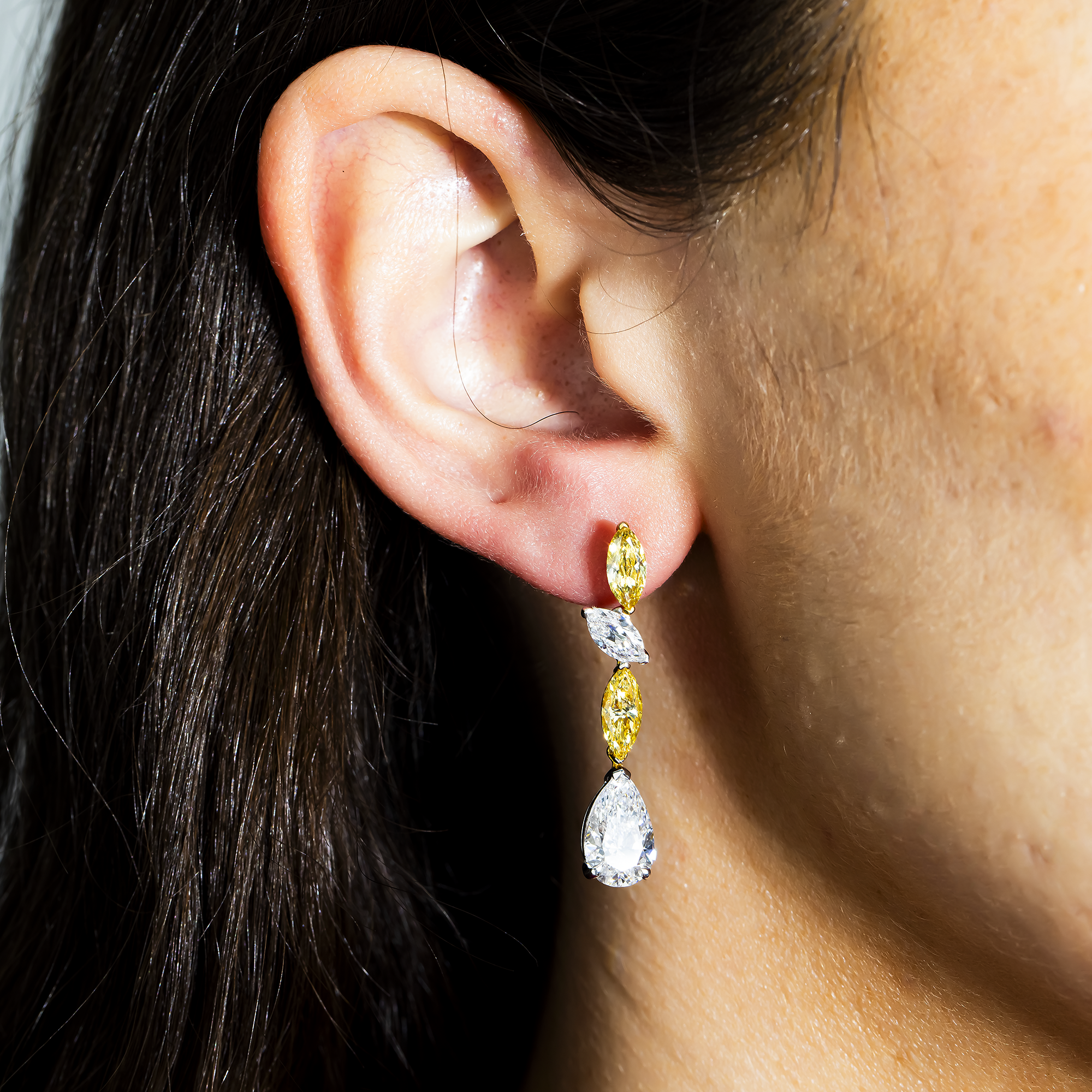 14K Two Tone White & Fancy Yellow Diamond Drop Earrings 7.33ct