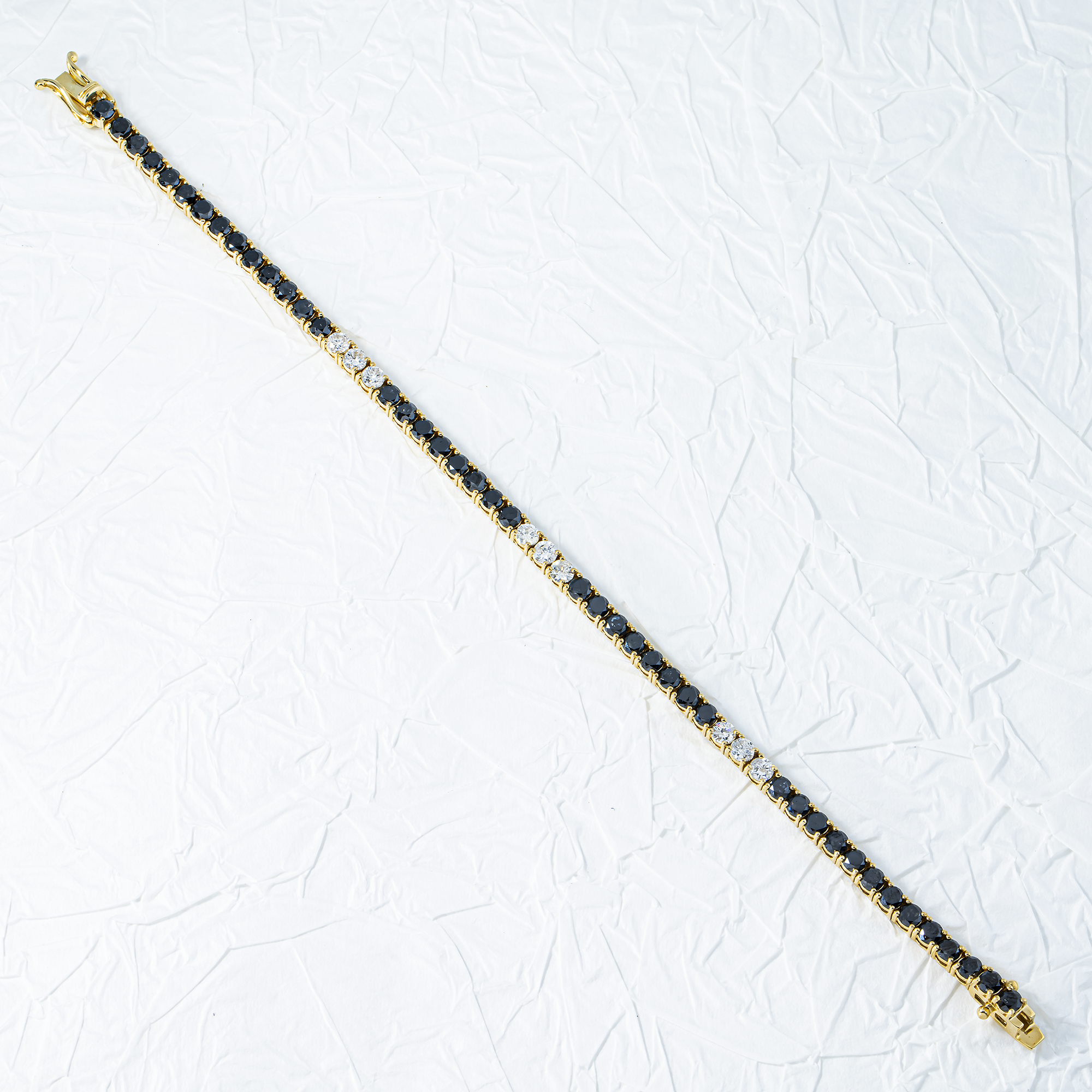 14K Yellow Gold White & Black Round Diamond Tennis Bracelet 7.37ct
