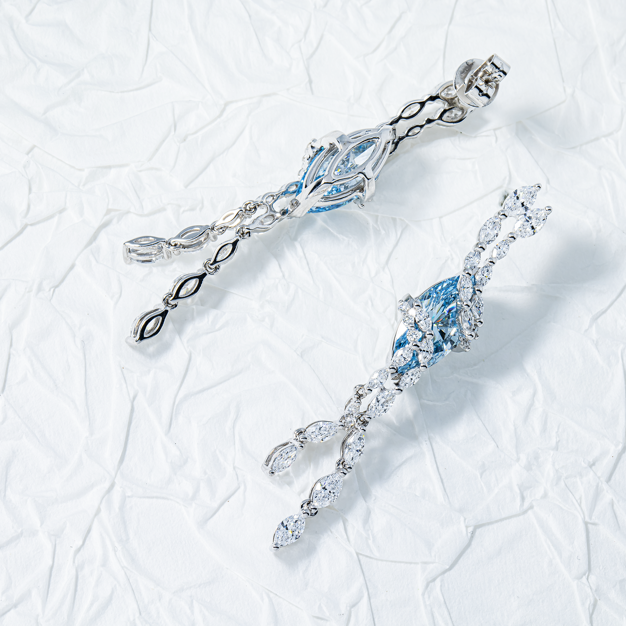 14K White Gold Marquise Cut Fancy Blue Diamond Drop Earrings 6.80ctw