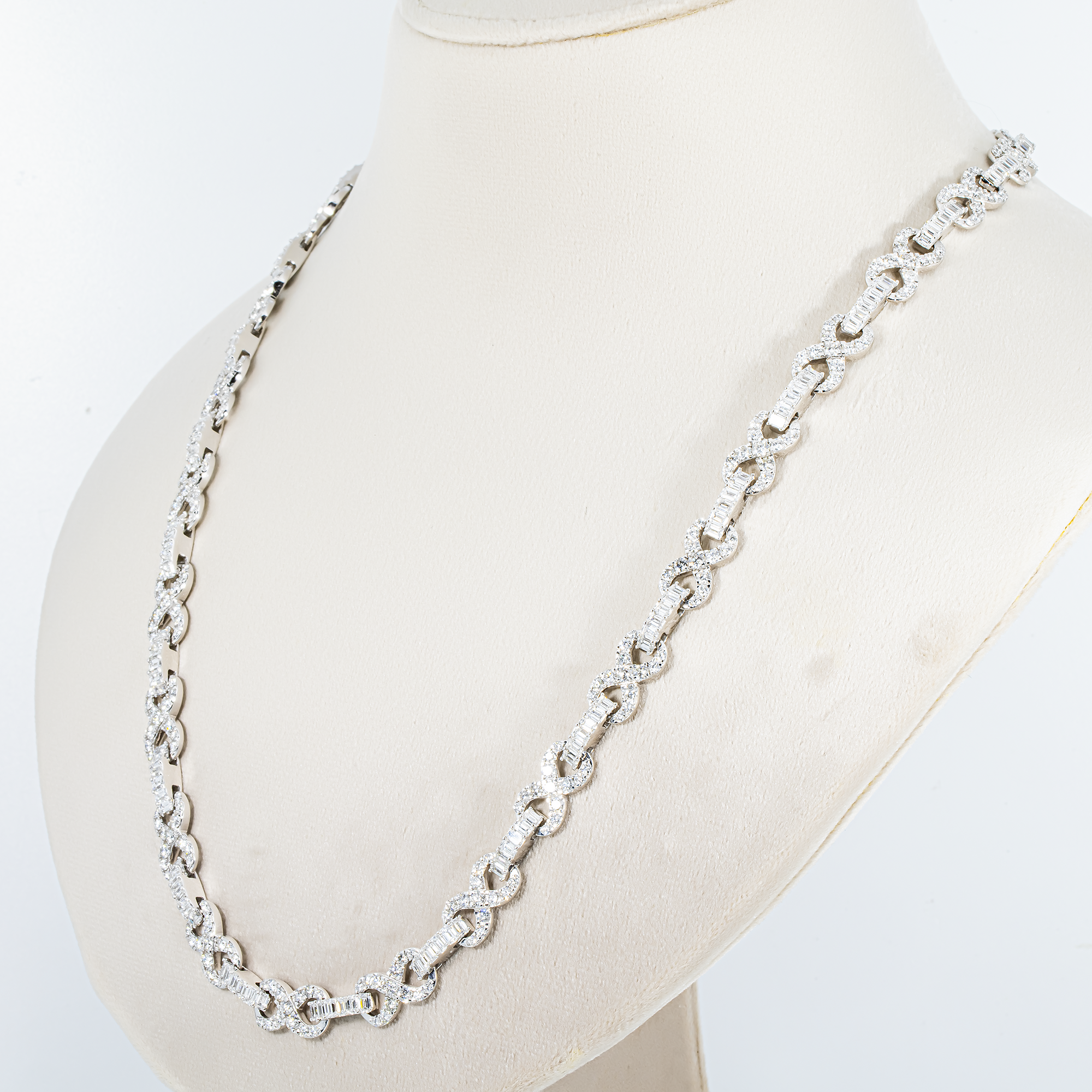 14K White Gold Round & Emerald Cut Diamond Infinity Link Necklace 29.30ct