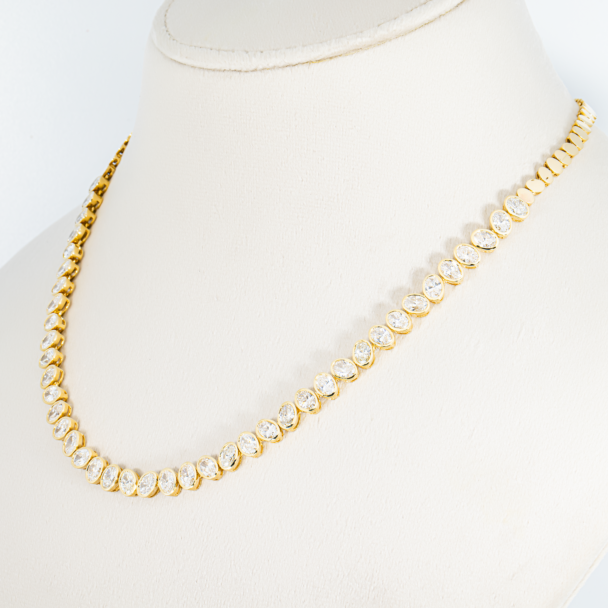 14K Yellow Gold Bezel Set Oval Cut Diamond Tennis Chain 12.91ct