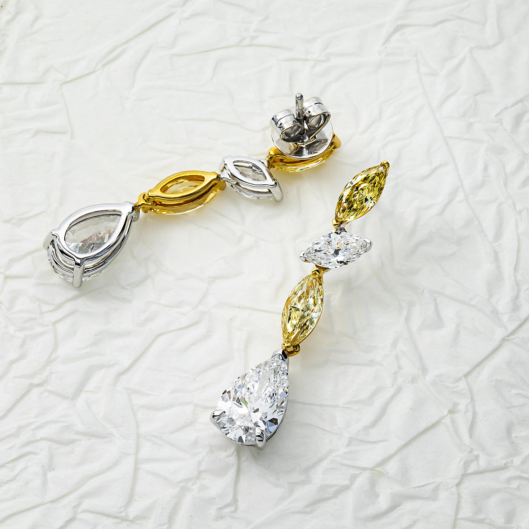 14K Two Tone White & Fancy Yellow Diamond Drop Earrings 7.33ct