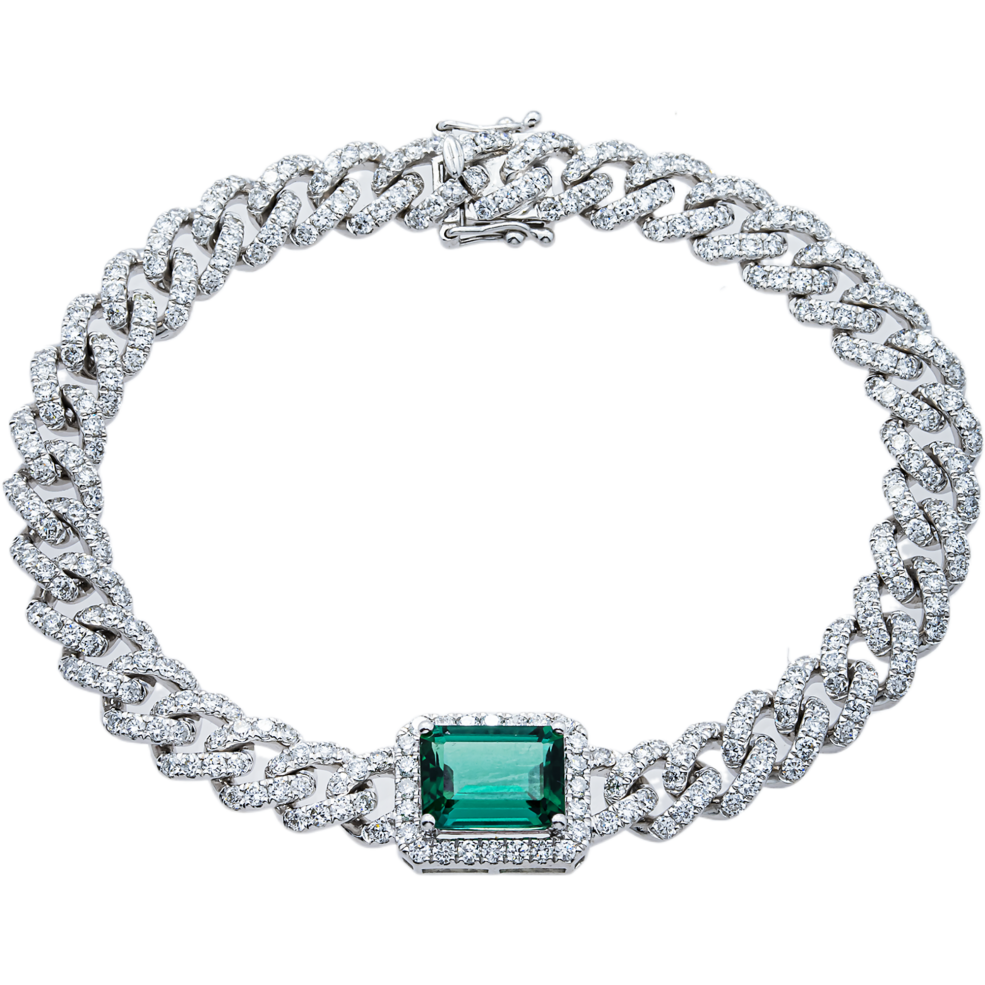 White Gold Emerald & Round Diamond Cuban Link Bracelet 5.97ctw