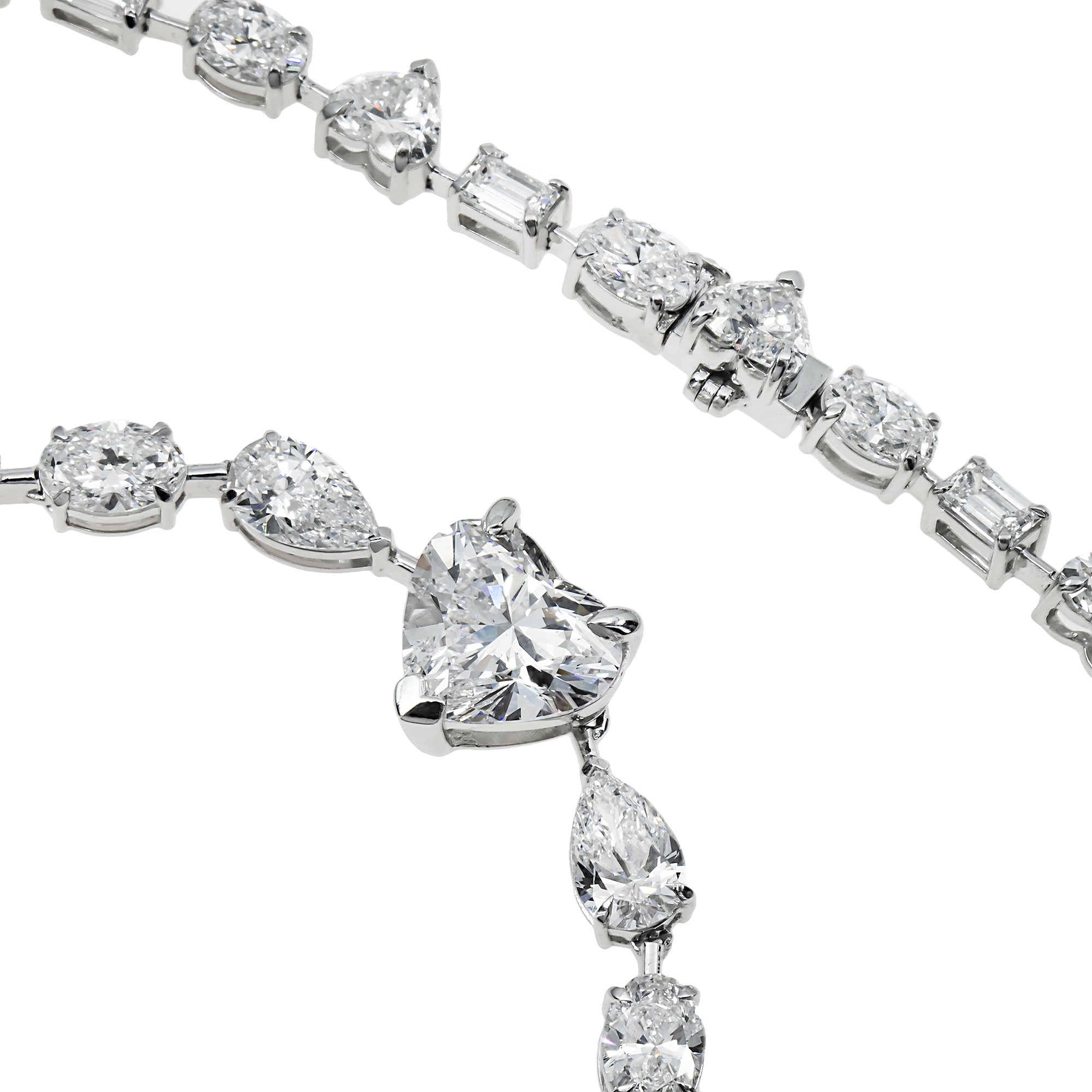 IGI 14K White Gold Heart, Oval & Emerald Cut Diamond Necklace 42.56ct