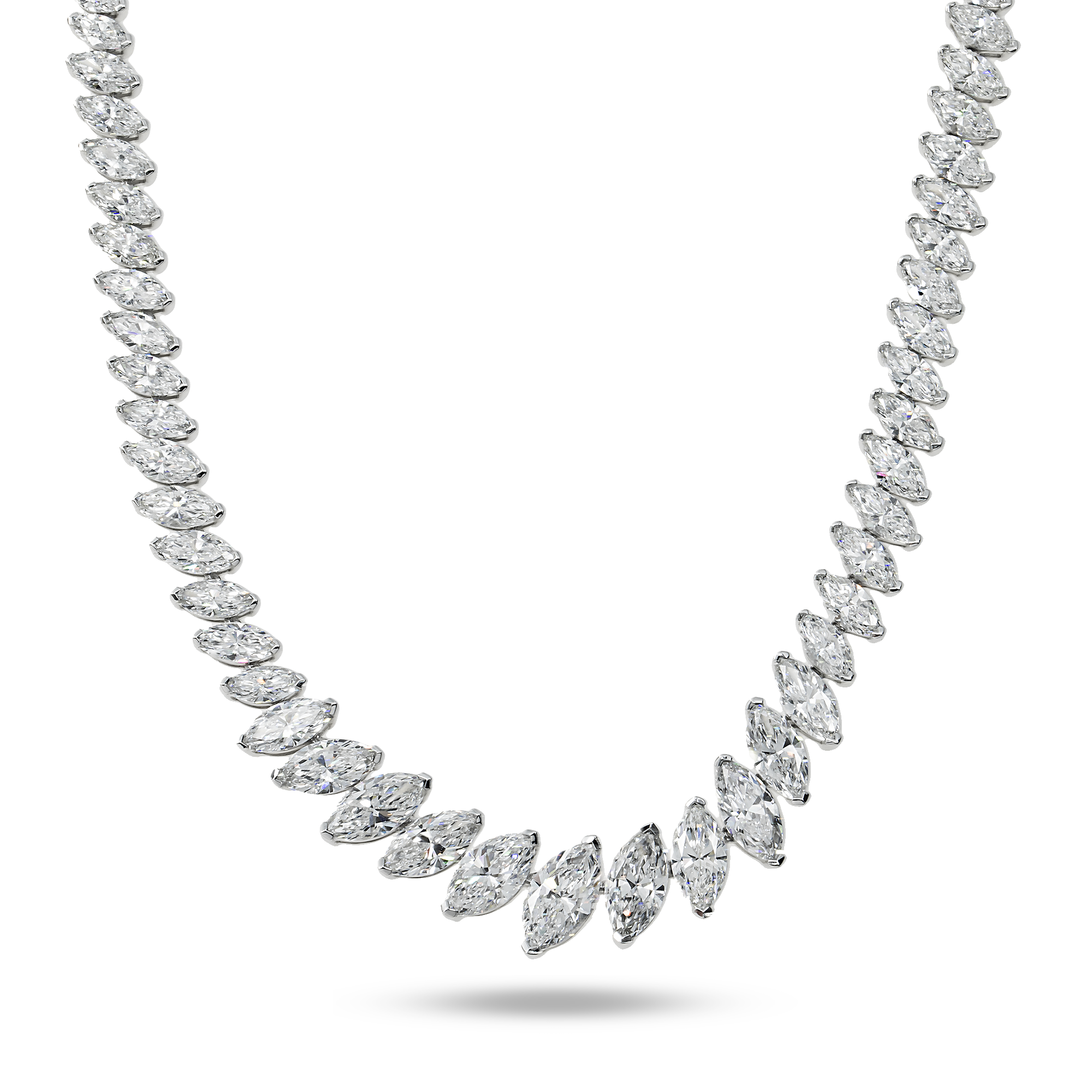 14K White Gold Graduated Marquise Cut Diamond Tennis Necklace 26.59ct