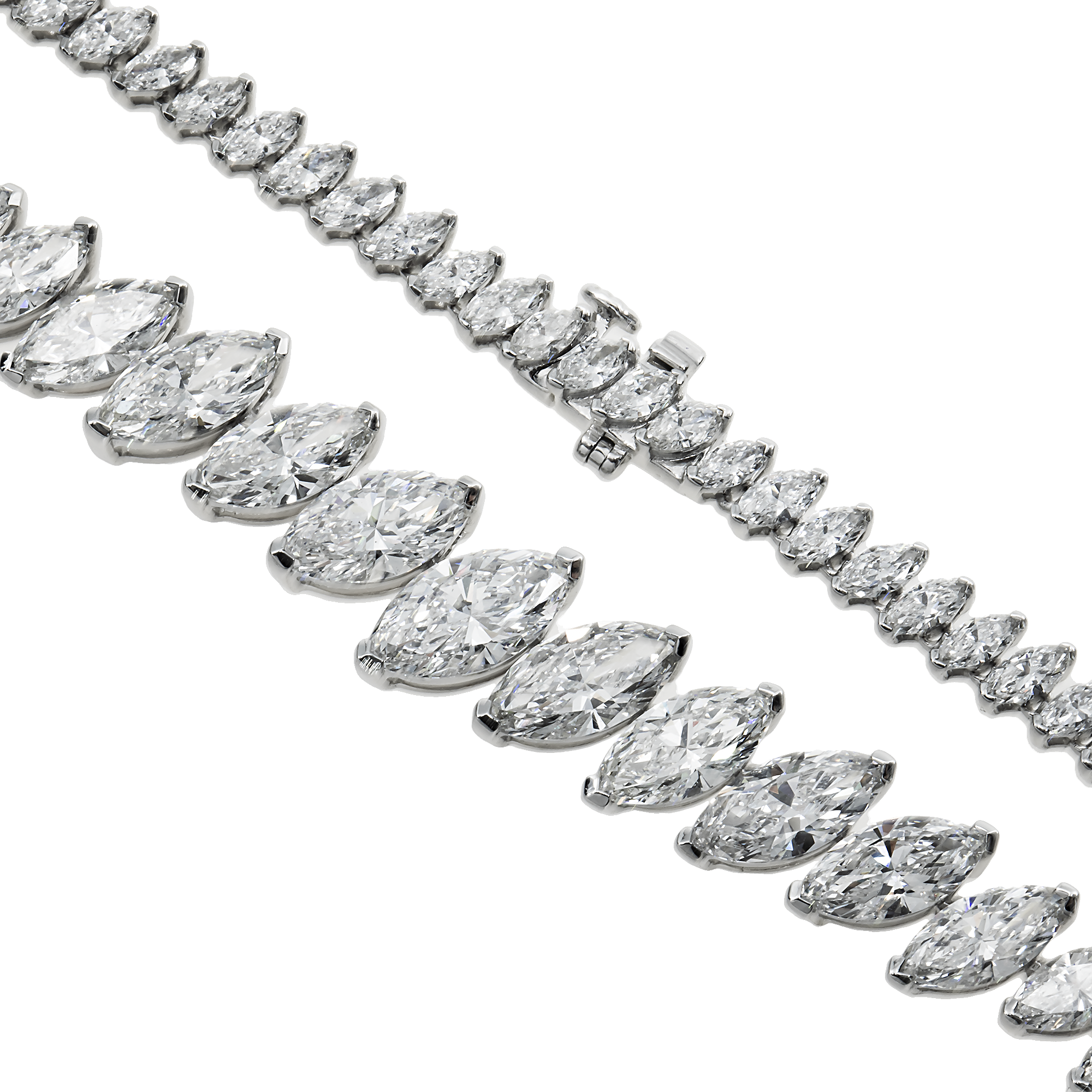 14K White Gold Graduated Marquise Cut Diamond Tennis Necklace 26.59ct
