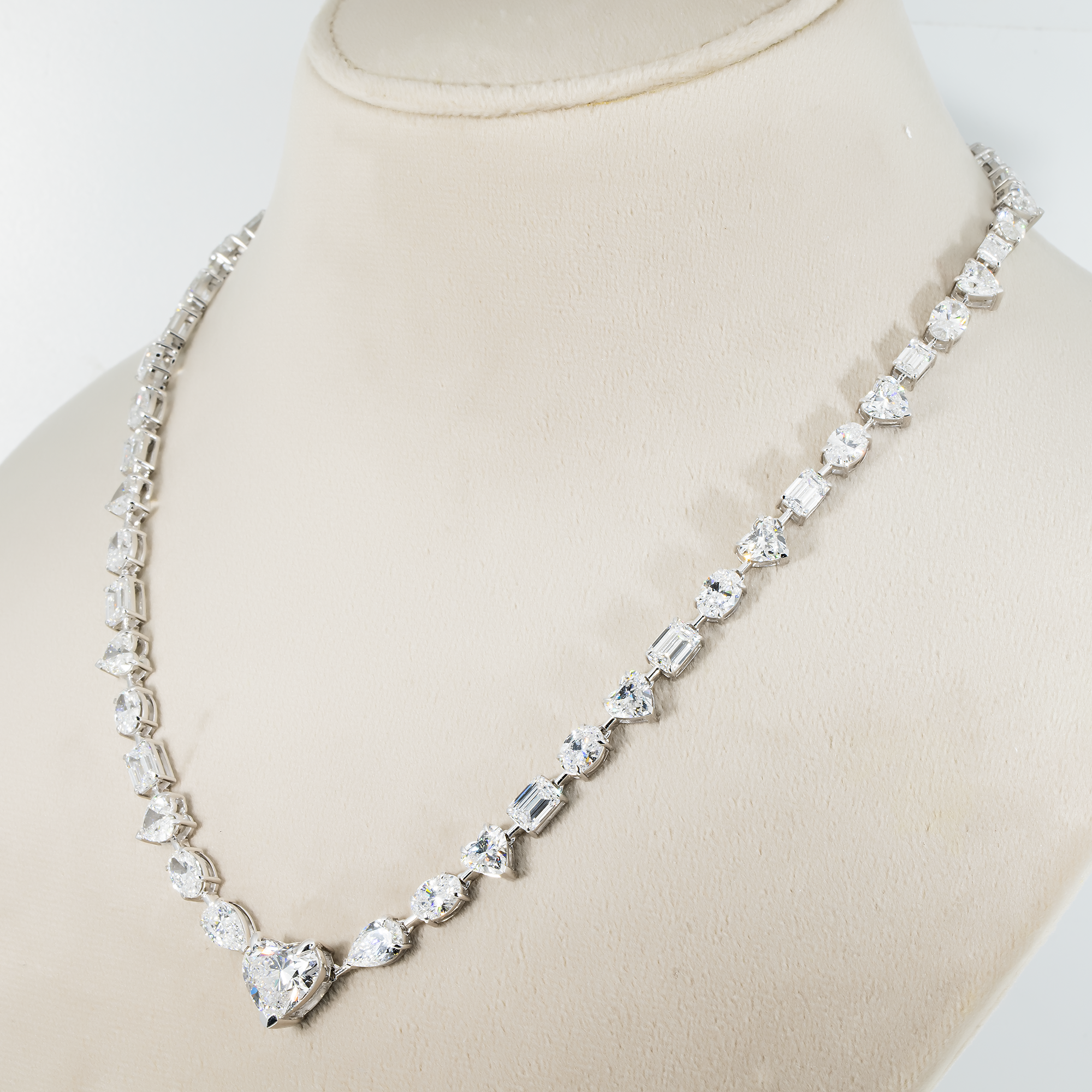 IGI 14K White Gold Heart, Oval & Emerald Cut Diamond Necklace 42.56ct