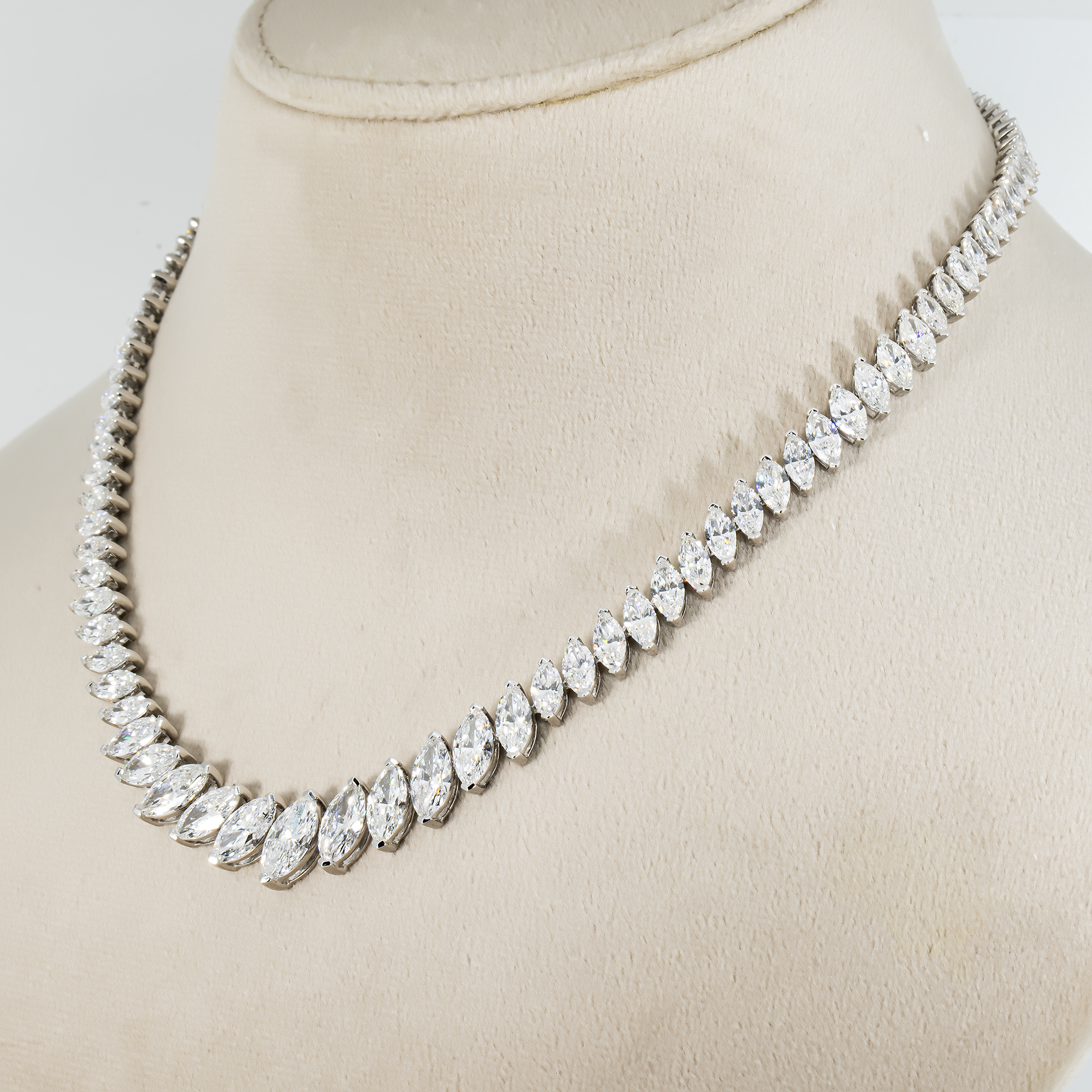 14K White Gold Graduated Marquise Cut Diamond Tennis Necklace 26.59ct