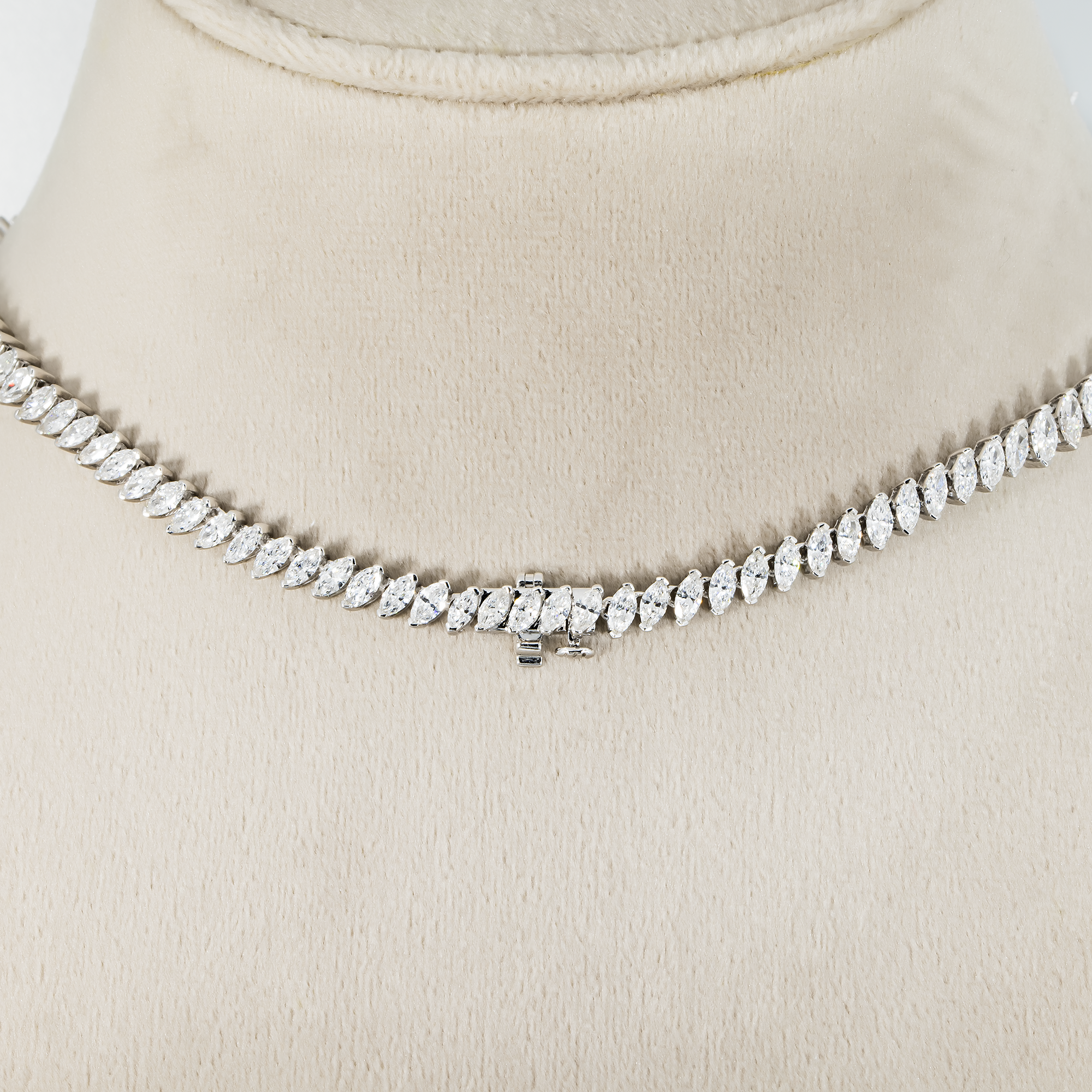 14K White Gold Graduated Marquise Cut Diamond Tennis Necklace 26.59ct