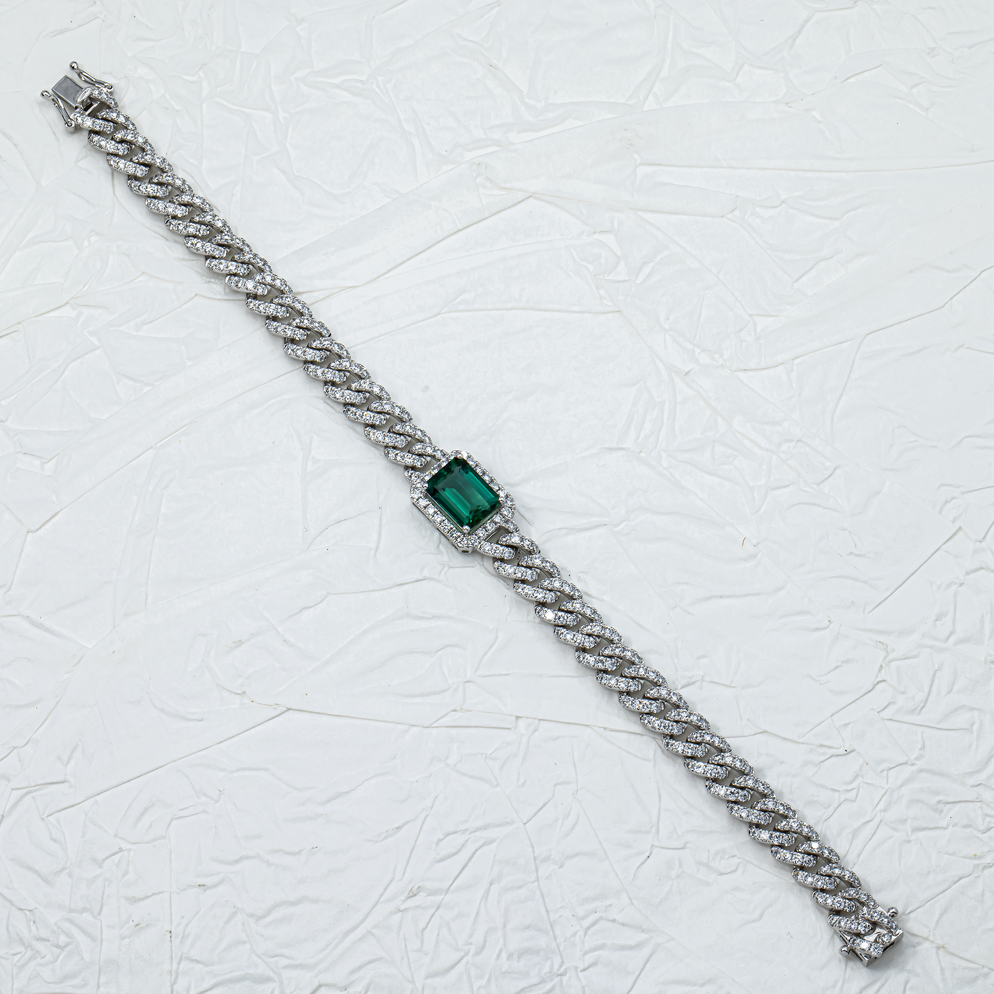 White Gold Emerald & Round Diamond Cuban Link Bracelet 5.97ctw