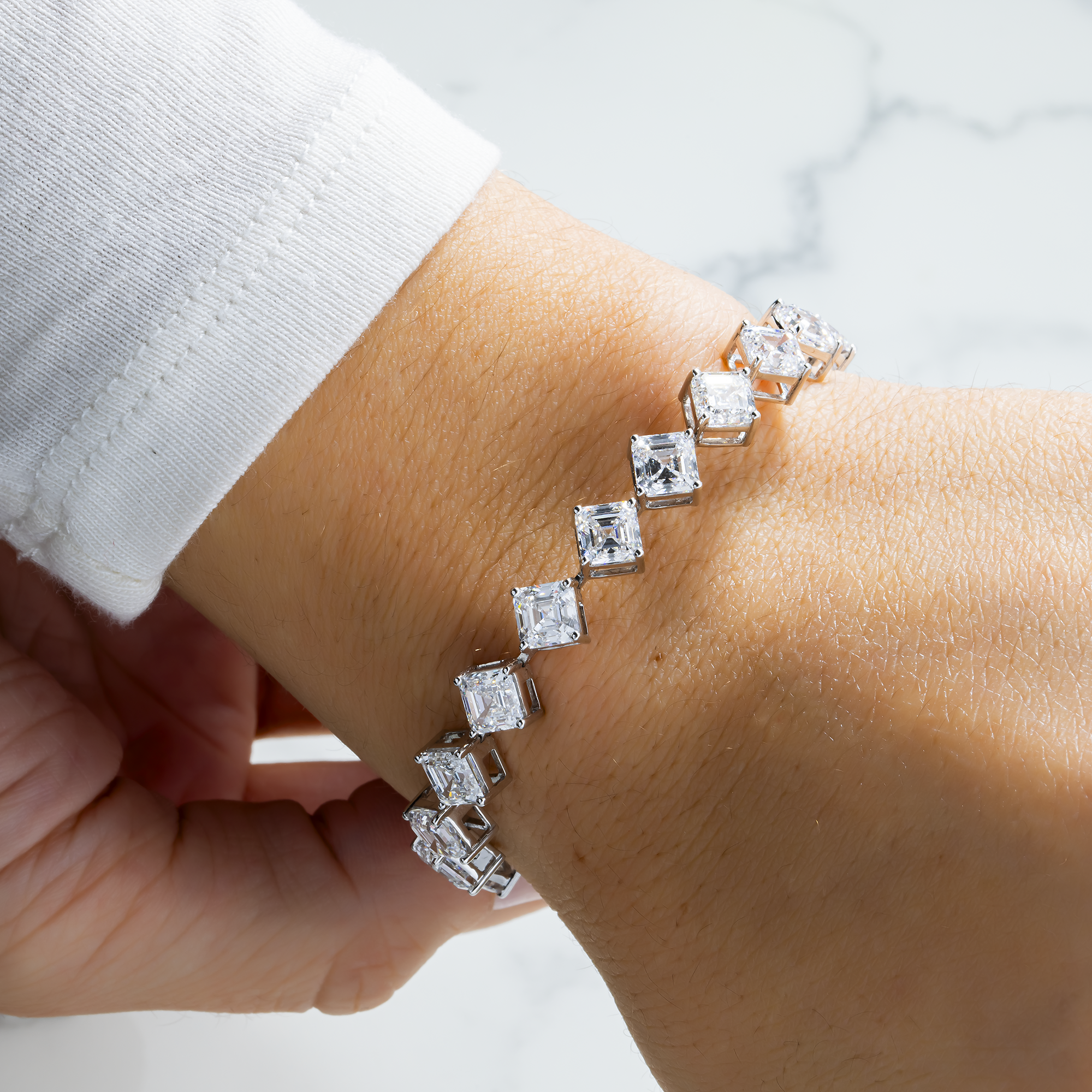 14K White Gold Asscher Diamond Satellite Bracelet 22.27ct