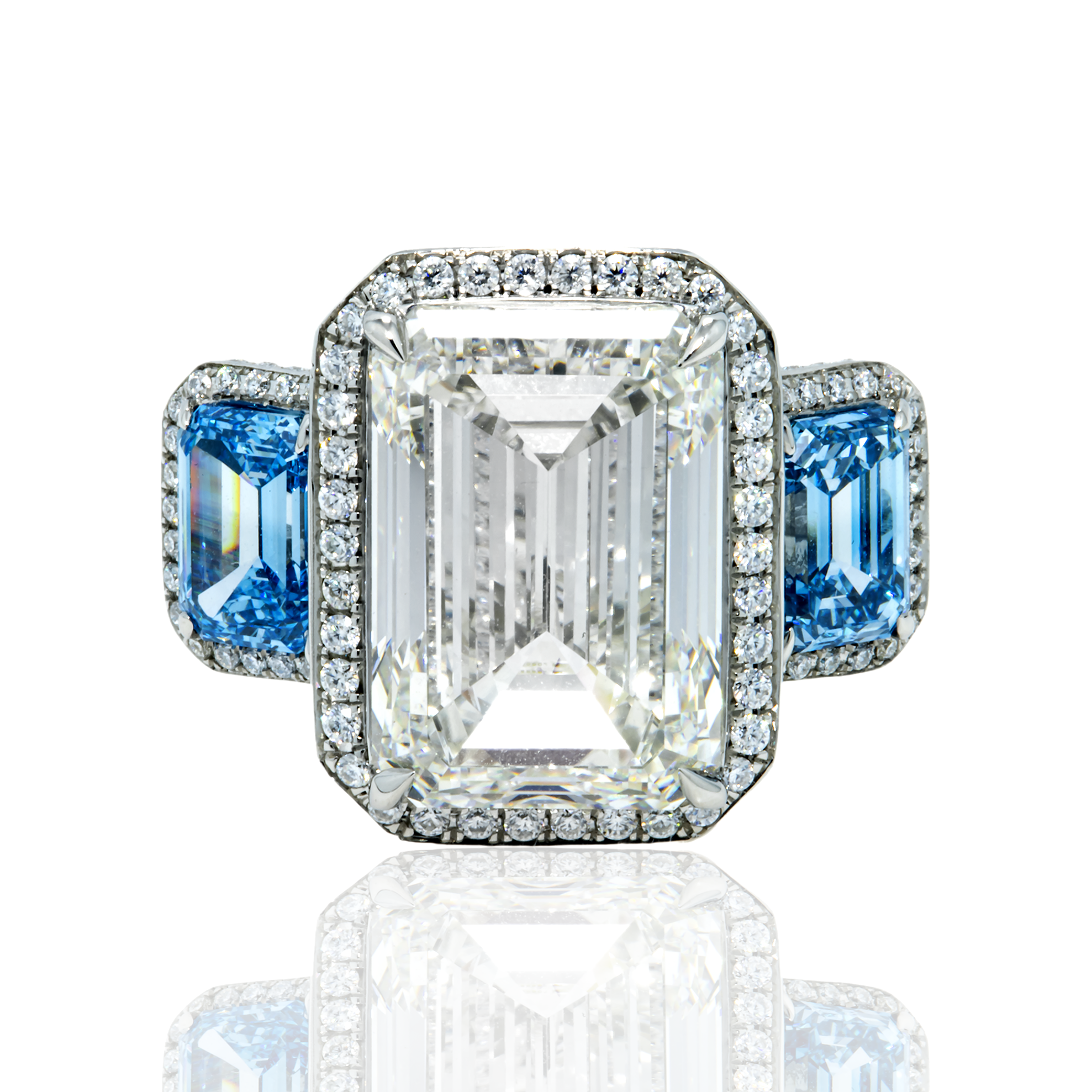 Platinum 10.0ct Emerald Cut White & Fancy Blue Triple Diamond Ring 13.83ctw