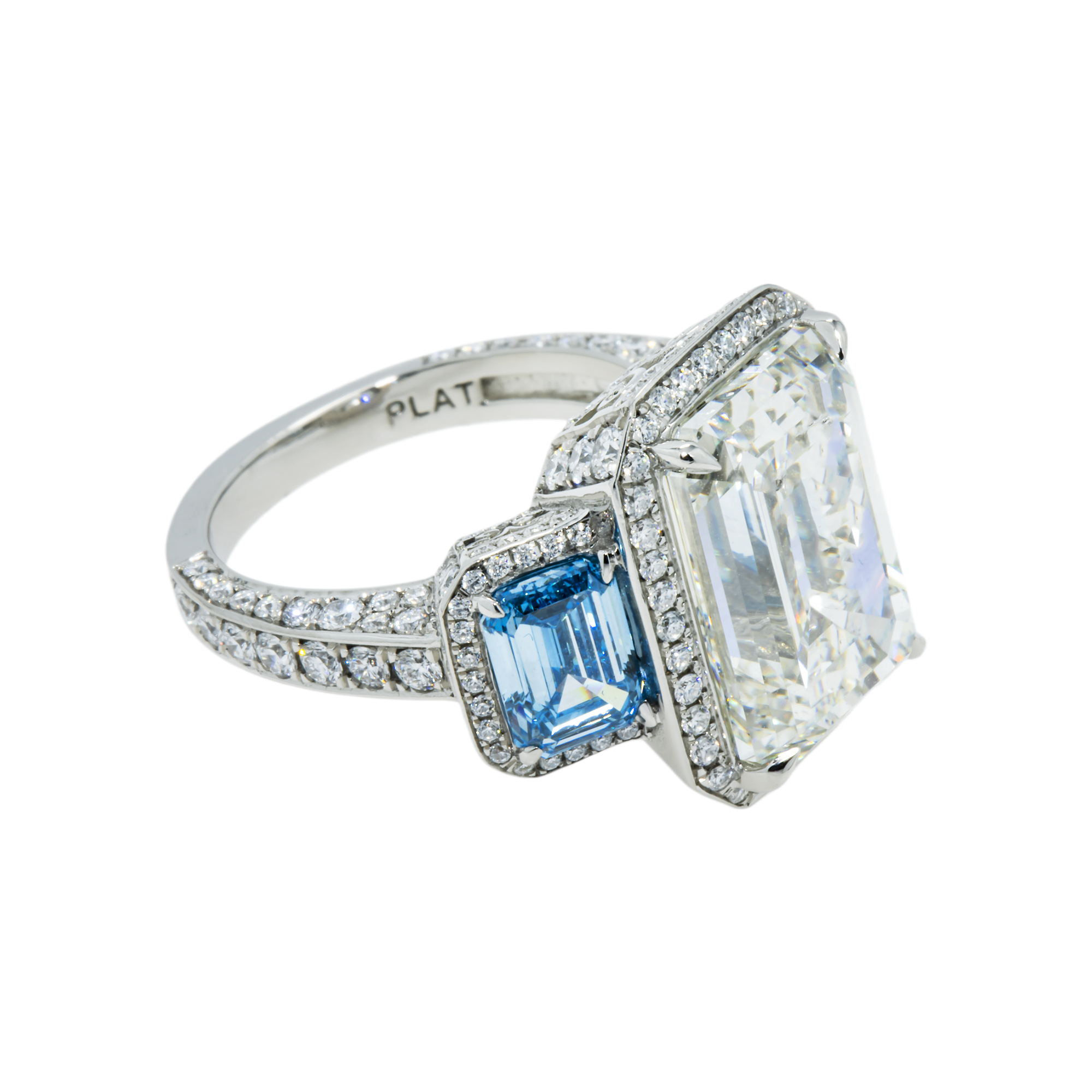 Platinum 10.0ct Emerald Cut White & Fancy Blue Triple Diamond Ring 13.83ctw