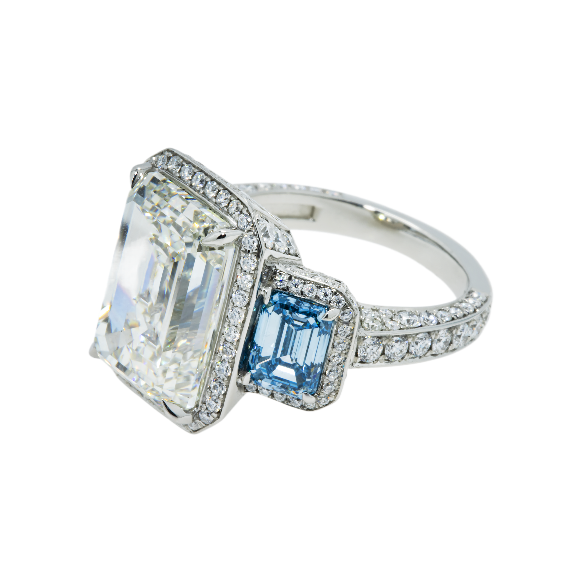 Platinum 10.0ct Emerald Cut White & Fancy Blue Triple Diamond Ring 13.83ctw