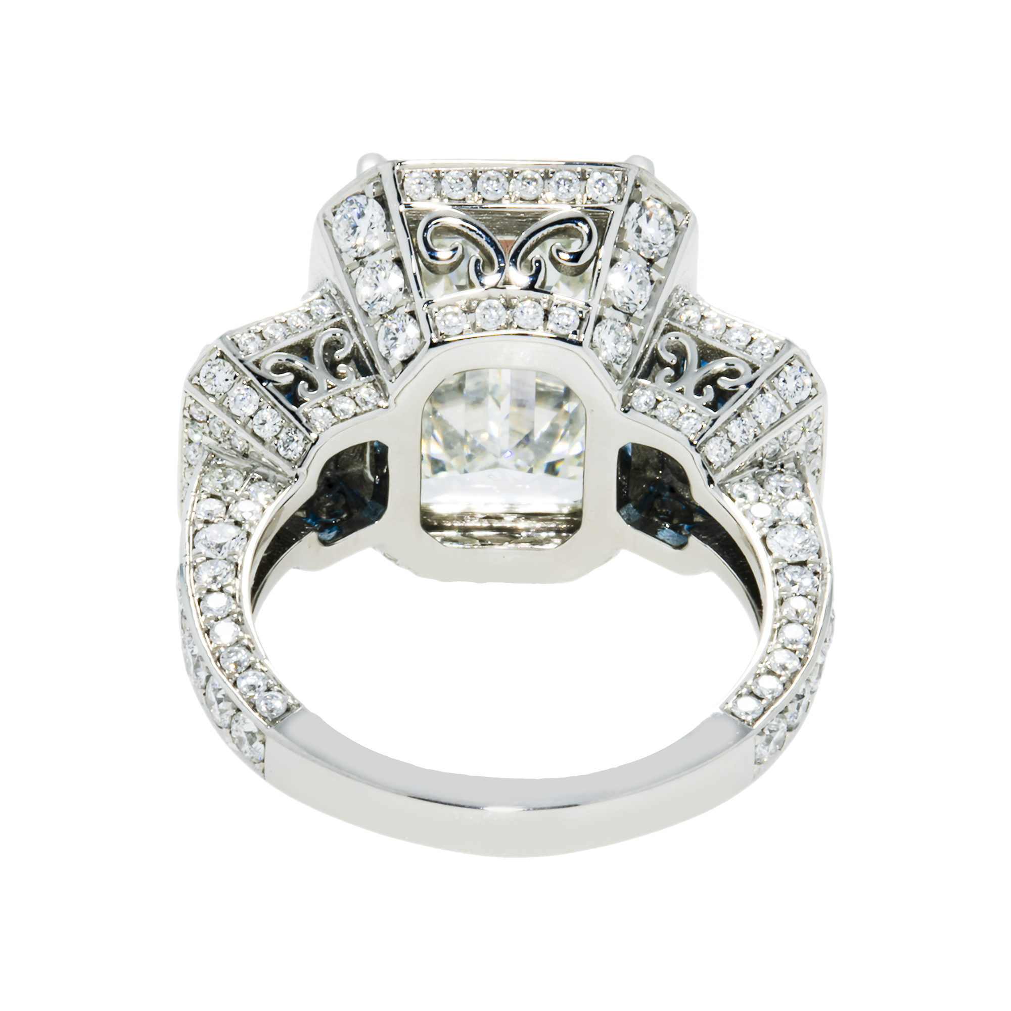 Platinum 10.0ct Emerald Cut White & Fancy Blue Triple Diamond Ring 13.83ctw