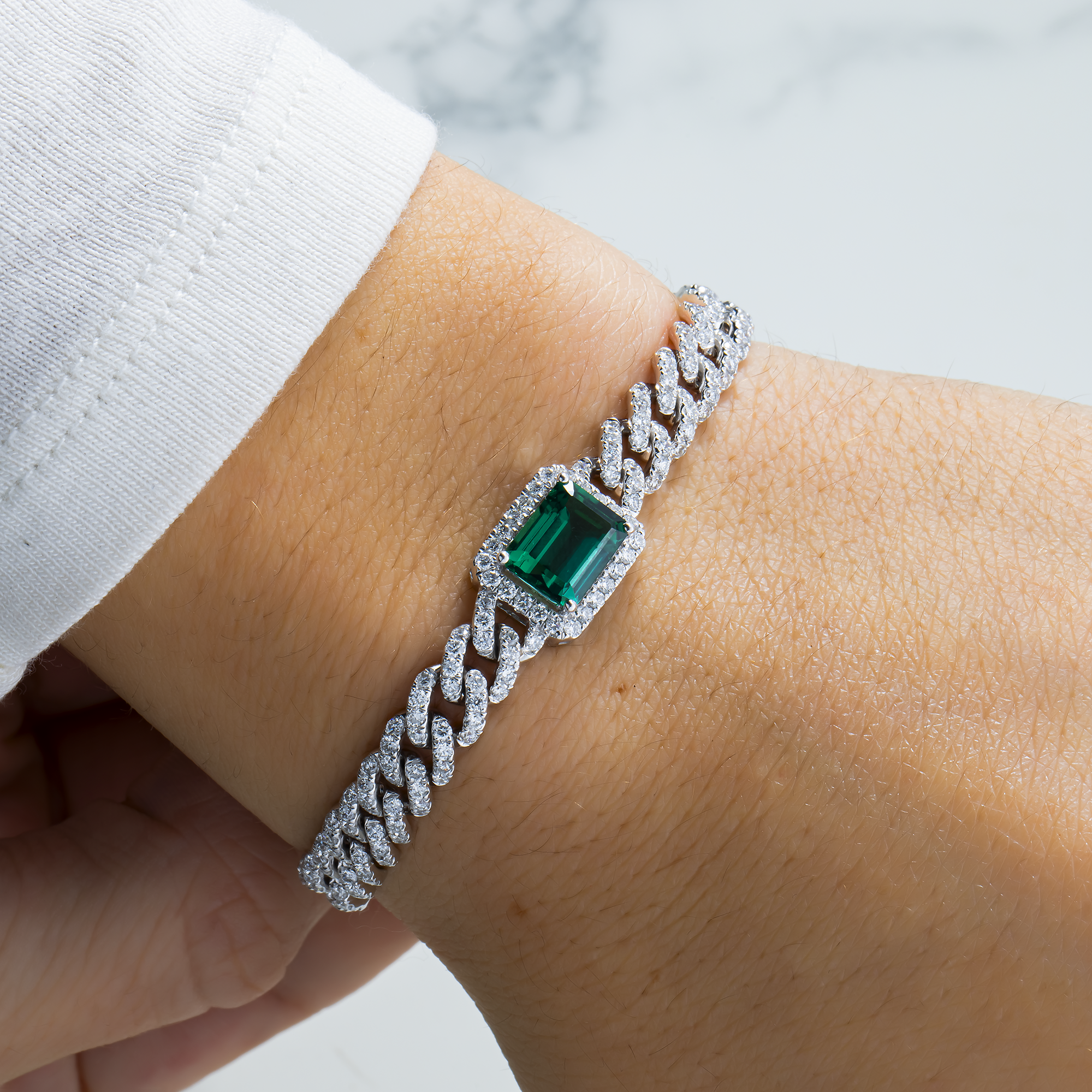 White Gold Emerald & Round Diamond Cuban Link Bracelet 5.97ctw