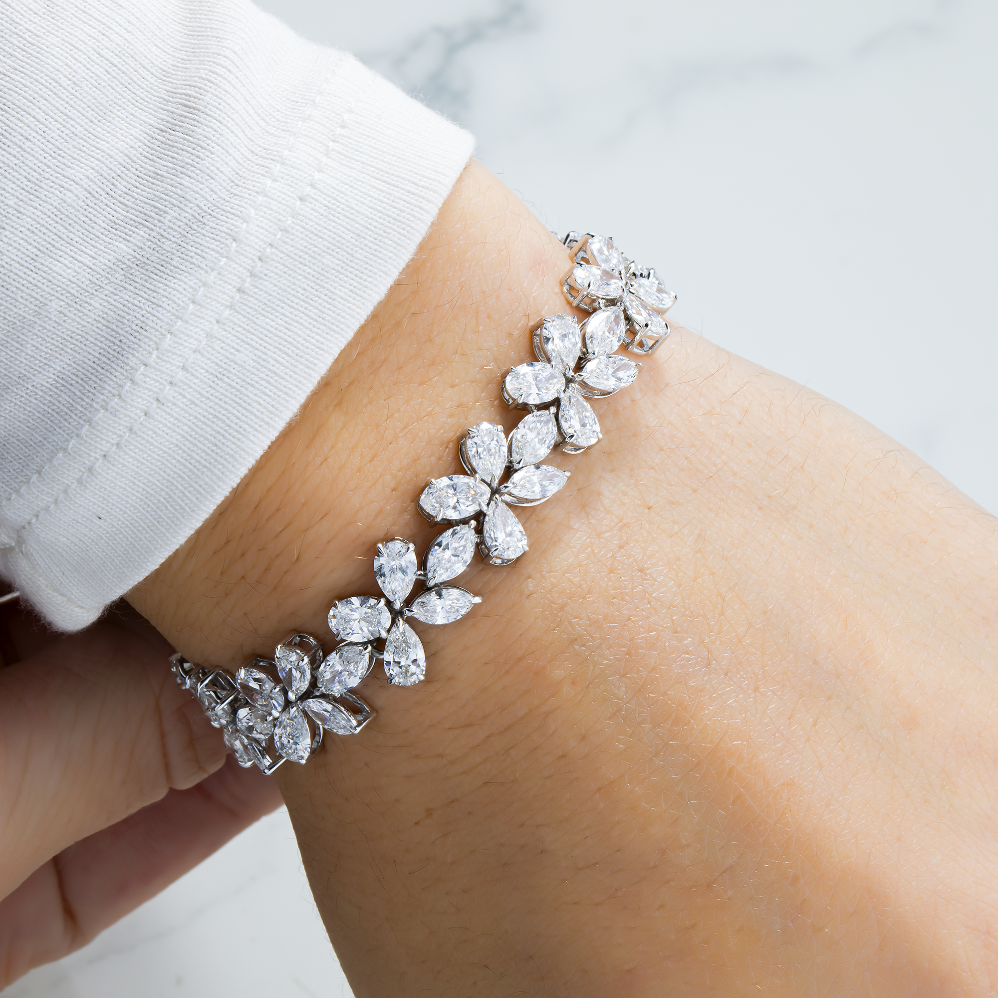 14K White Gold Multi Shape Diamond Flower Bracelet 19.49ct