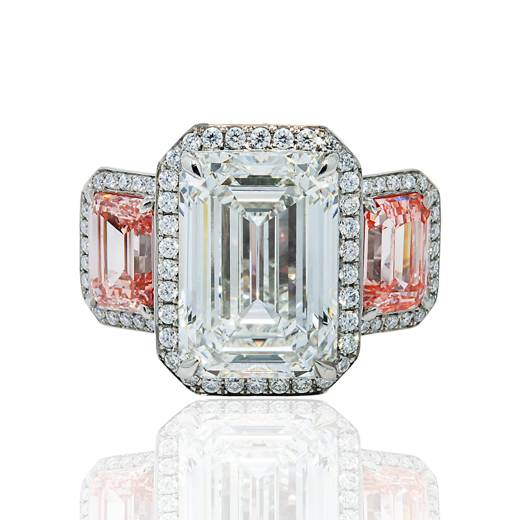 Platinum 10.24ct Emerald White & Fancy Pink Triple Diamond Ring 15.48ctw