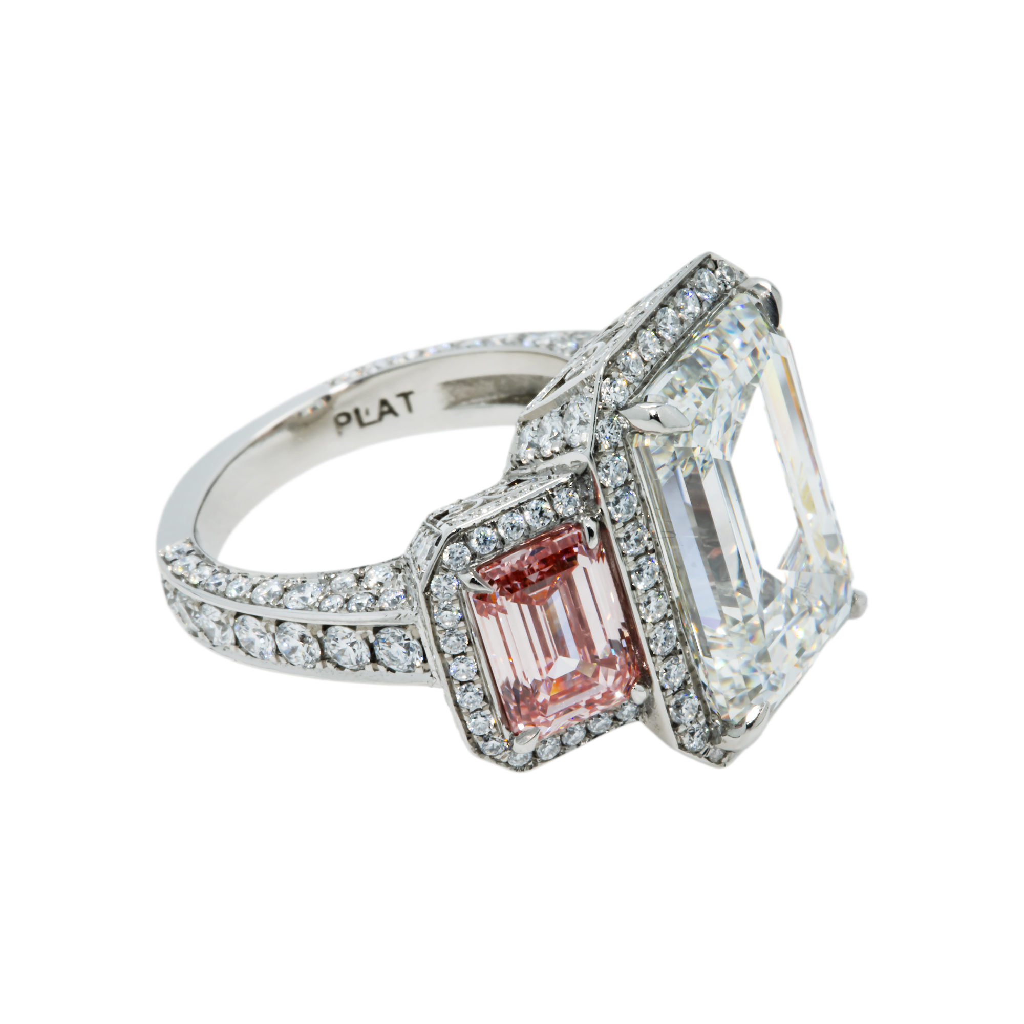 Platinum 10.24ct Emerald White & Fancy Pink Triple Diamond Ring 15.48ctw