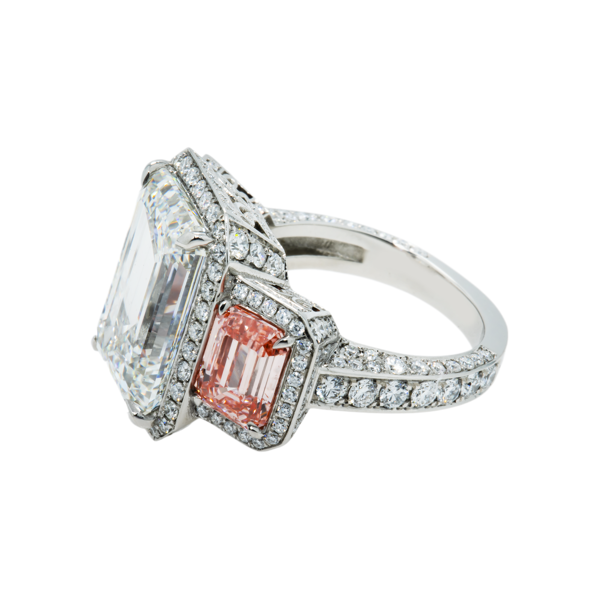 Platinum 10.24ct Emerald White & Fancy Pink Triple Diamond Ring 15.48ctw