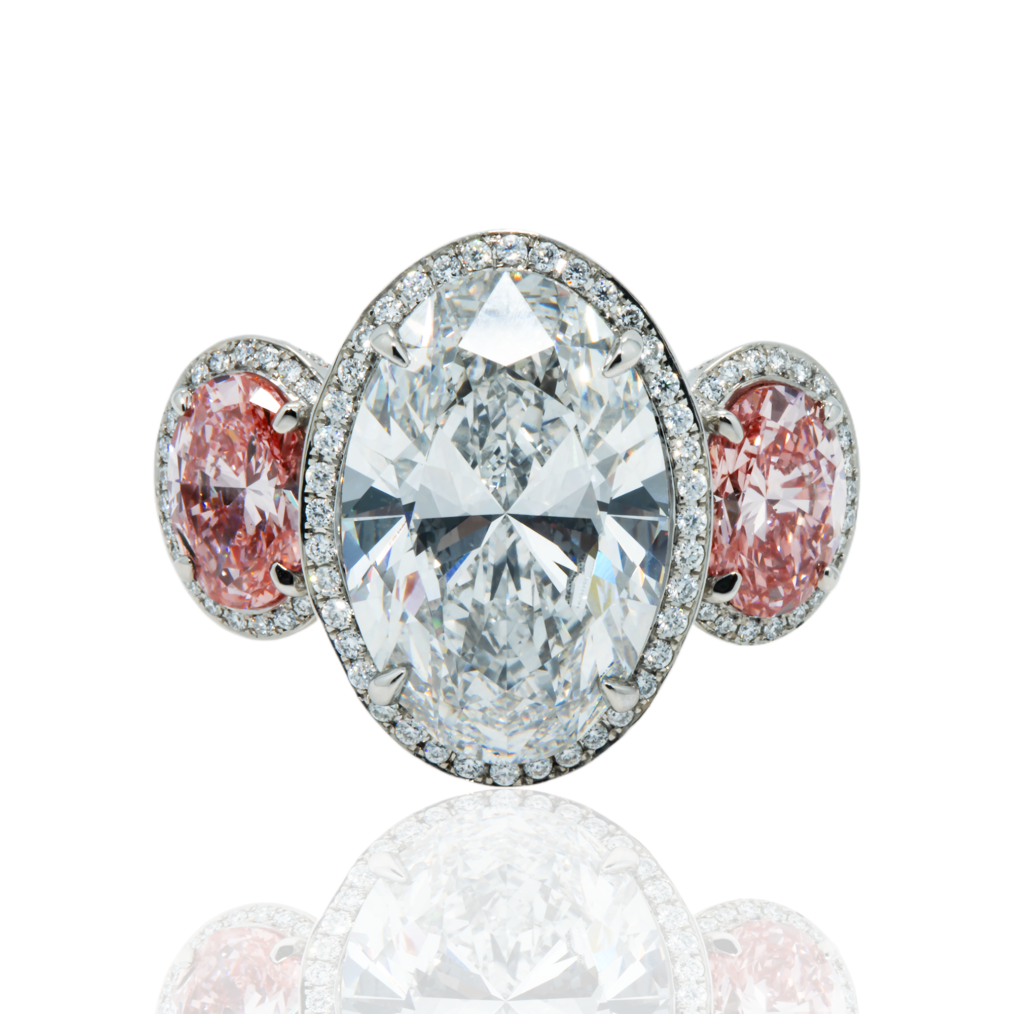 Platinum 10.61ct Oval Cut White & Fancy Pink Triple Diamond Ring 15.45ctw