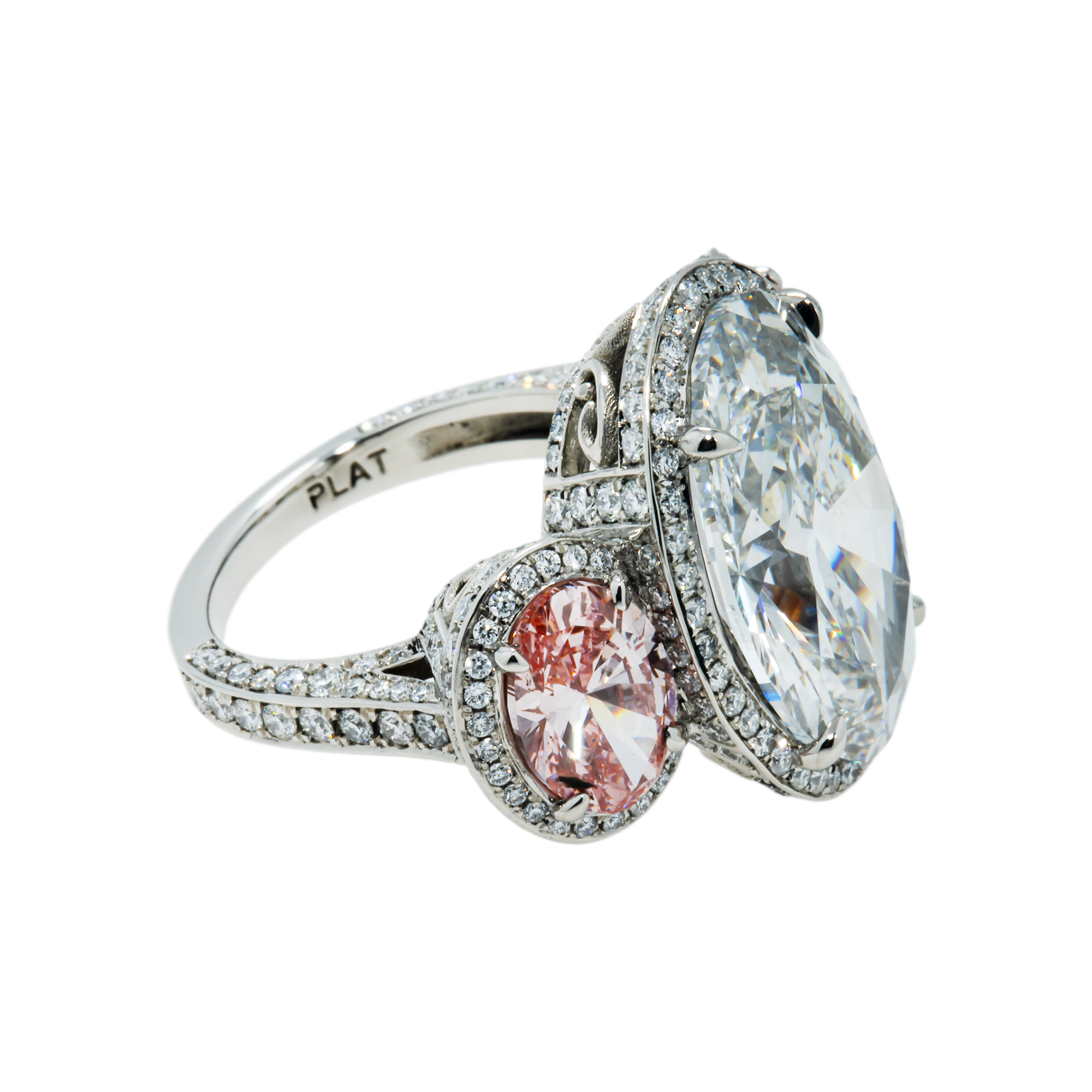 Platinum 10.61ct Oval Cut White & Fancy Pink Triple Diamond Ring 15.45ctw