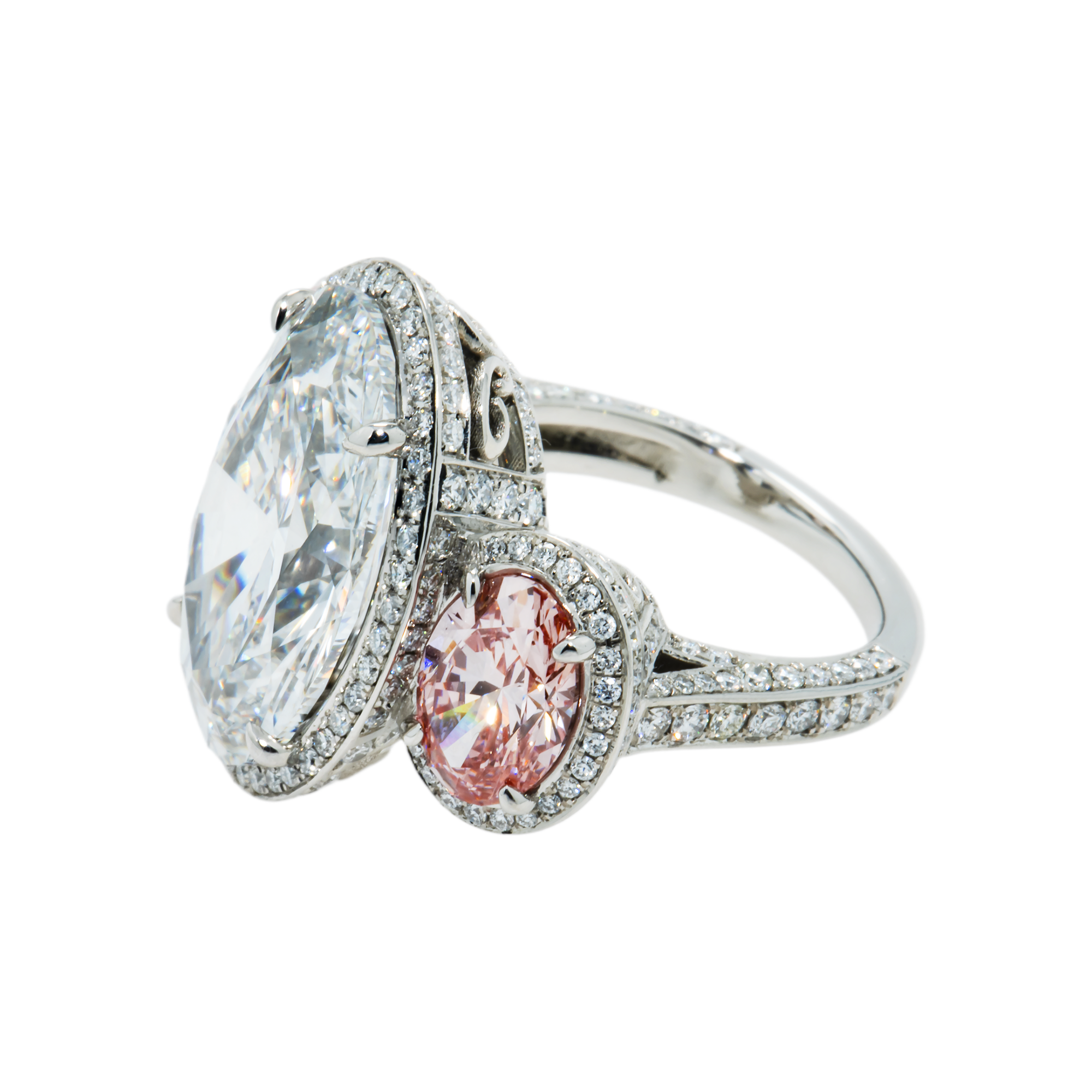 Platinum 10.61ct Oval Cut White & Fancy Pink Triple Diamond Ring 15.45ctw