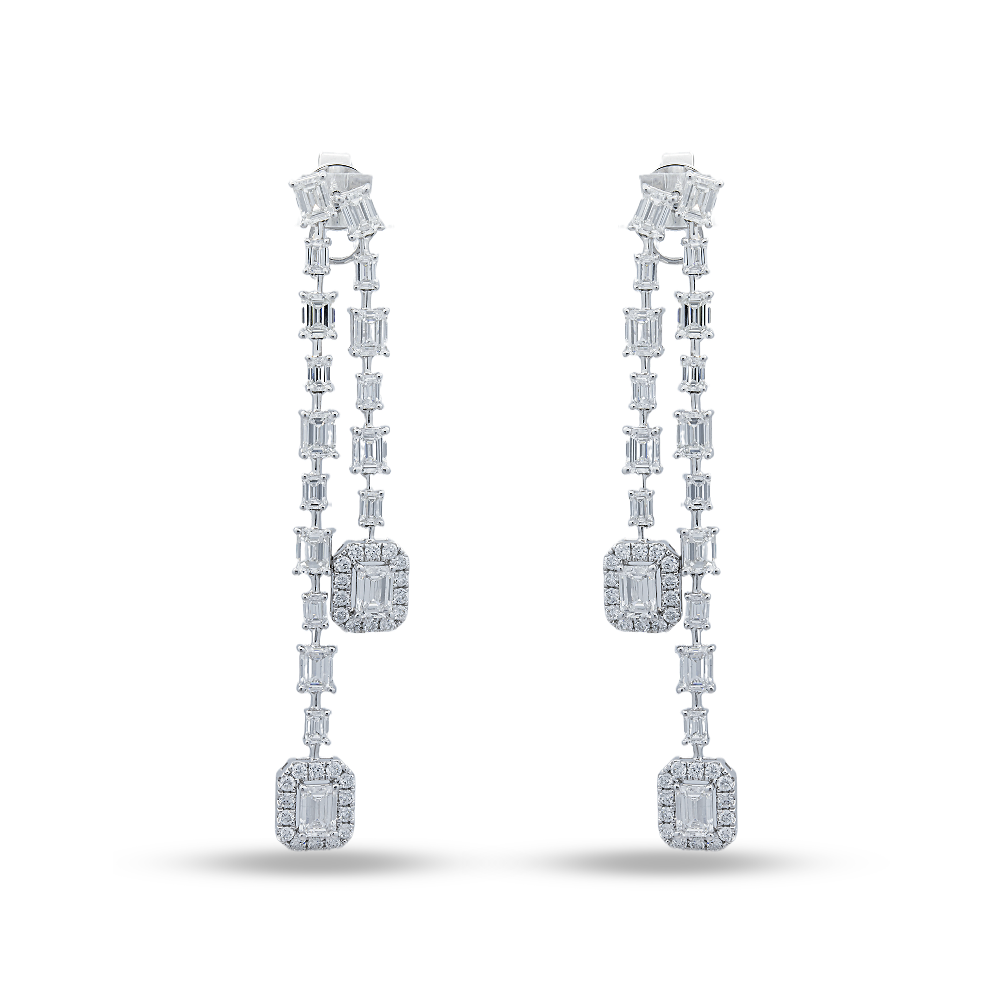 White Gold Emerald & Round Diamond Drop Earrings 7.47ctw